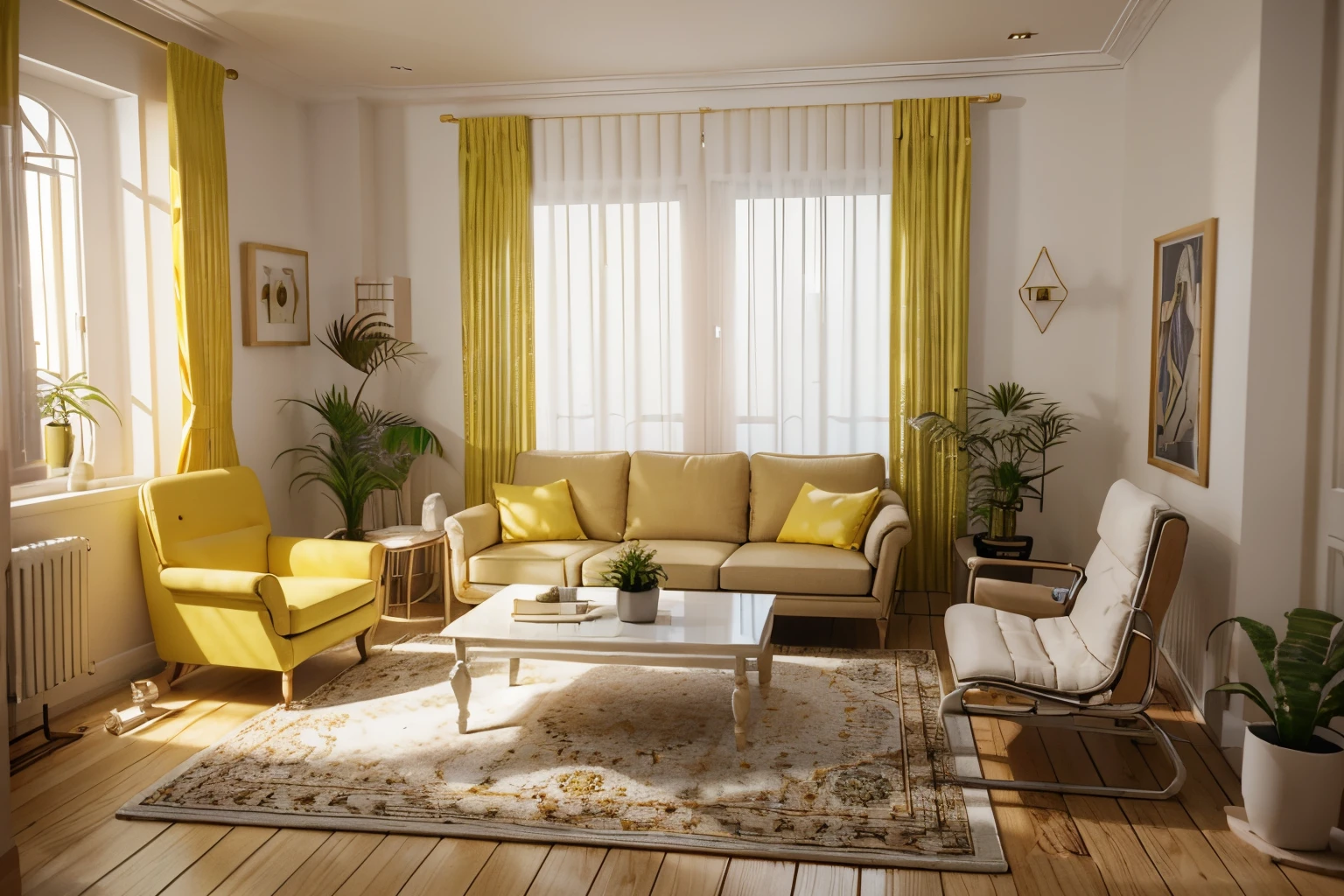 Crazy meticulous dollhouse, Comfortable bedroom, Cute 3d render, Attractive lights and shadows, White and yellow cushions, architecture, tables and chairs, Indoors, Building, Living room, Room, rug, a plant, Home décor, sofe, chair, Interior design