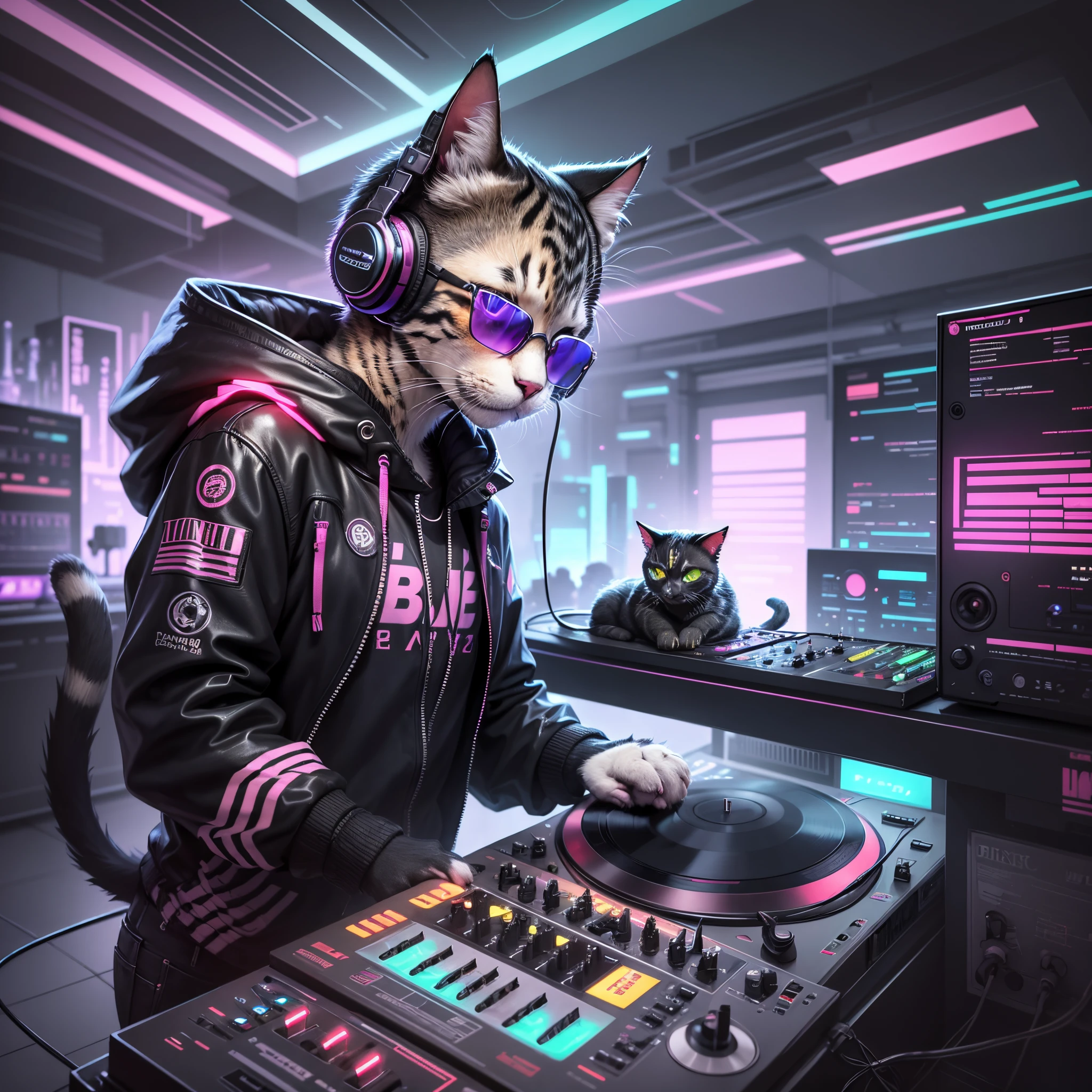 Cyberpunk DJ Cat: Imagine a cat with a futuristic, cyberpunk style, wearing neon-colored headphones and standing behind a DJ turntable. This cat has a sleek metallic body with LED lights and wears a cool pair of sunglasses. Its tail is a glowing fiber optic cable. --auto --s2