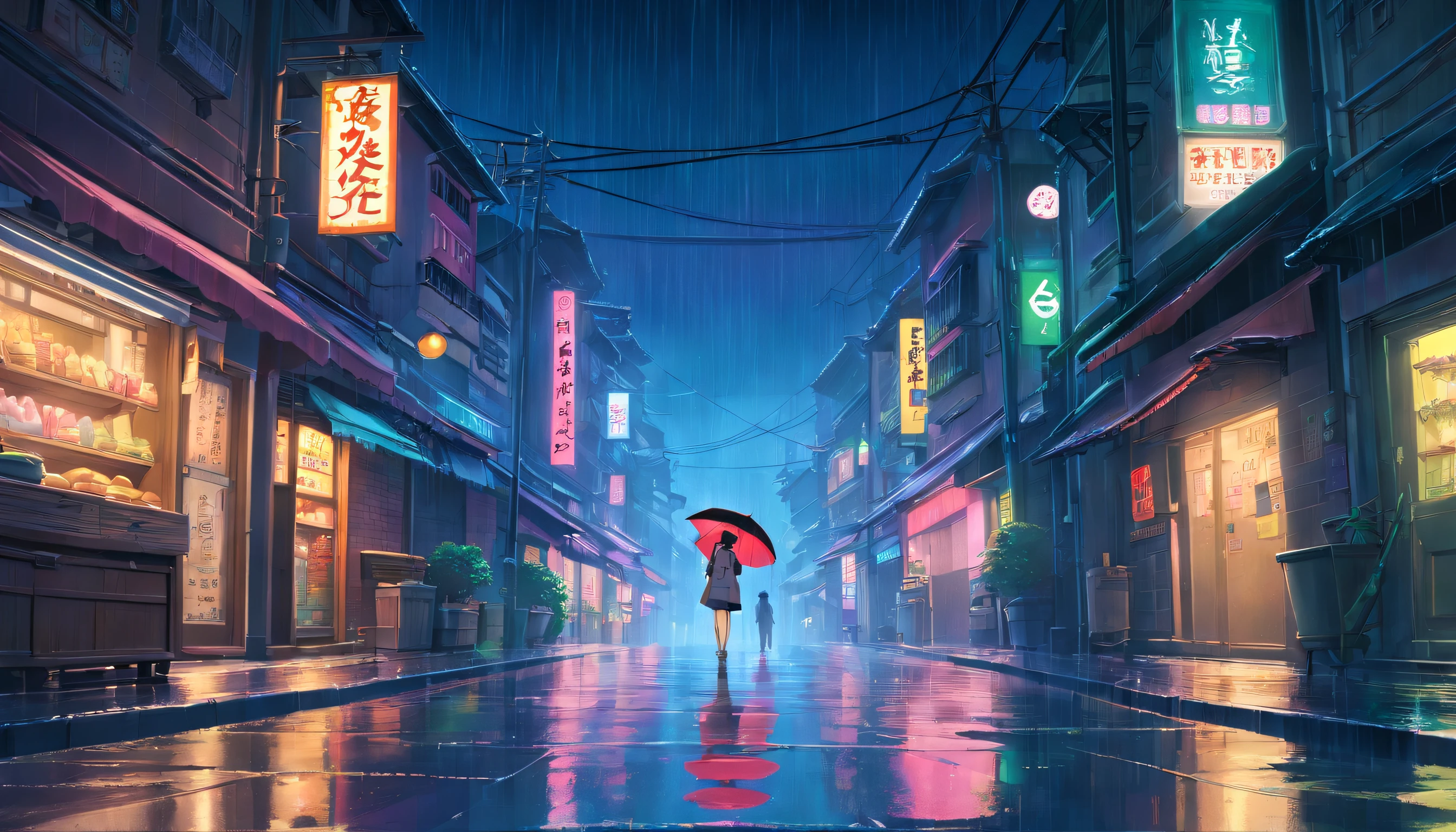 street, rain, one point perspective, dark, night, cyberpunk, dark environment, rain fall, high resolution, hd, 8K