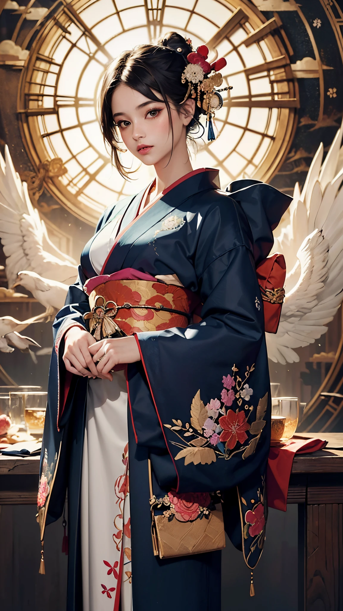 (masterpiece, top quality, best quality, official art, beautiful and aesthetic:1.2), (1girl),elaborate costume(Luxurious Japan kimono(Colorful kimono(detailed embroidery))), extreme detailed,(Fractal art),colorful,highest detailed,Mandala in the background