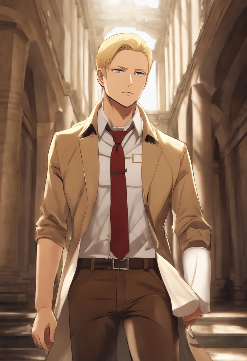 A photo of Reiner standing in front of an art gallery, admiring a powerful piece of artwork.,Attack on Titan,Reiner Braun is tall, buff, with very short blonde hair and a very short stubble goatee, small amber eyes, thin eyebrows, very masculine features. Wears a long beige coat, white dress shirt, black tie, and a red armband with a white nine-pointed star on it. (Reiner Braun from Attack on Titan)