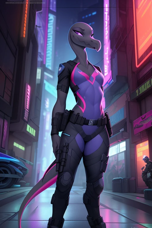 female, solo, salazzle, wearing a (tactical cyberpunk police uniform) in the streets of a cyberpunk city at midnight,character design by charlie bowater, ross tran, artgerm, and (makoto shinkai), detailed, inked, western comic book art,