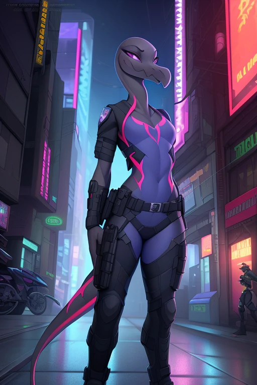 female, solo, salazzle, wearing a (tactical cyberpunk police uniform) in the streets of a cyberpunk city at midnight,character design by charlie bowater, ross tran, artgerm, and (makoto shinkai), detailed, inked, western comic book art,