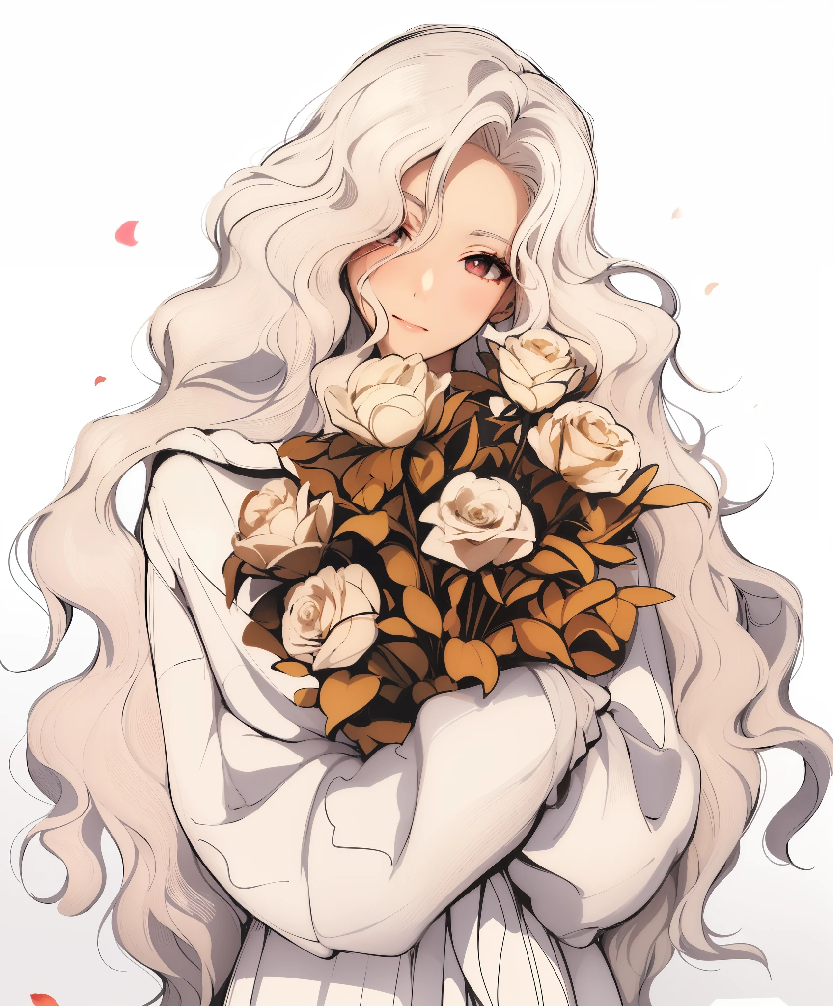 a woman with long white hair holding a bouquet of roses, blond anime girl with long hair, anime girl with long hair, in the art style of bowater, roses in her hair, curly blond hair, with flowers, beautiful anime art style, beautiful anime portrait, a girl with blond hair, with long white hair, with white long hair, white sweater, she’s sweater is white color, colorful roses