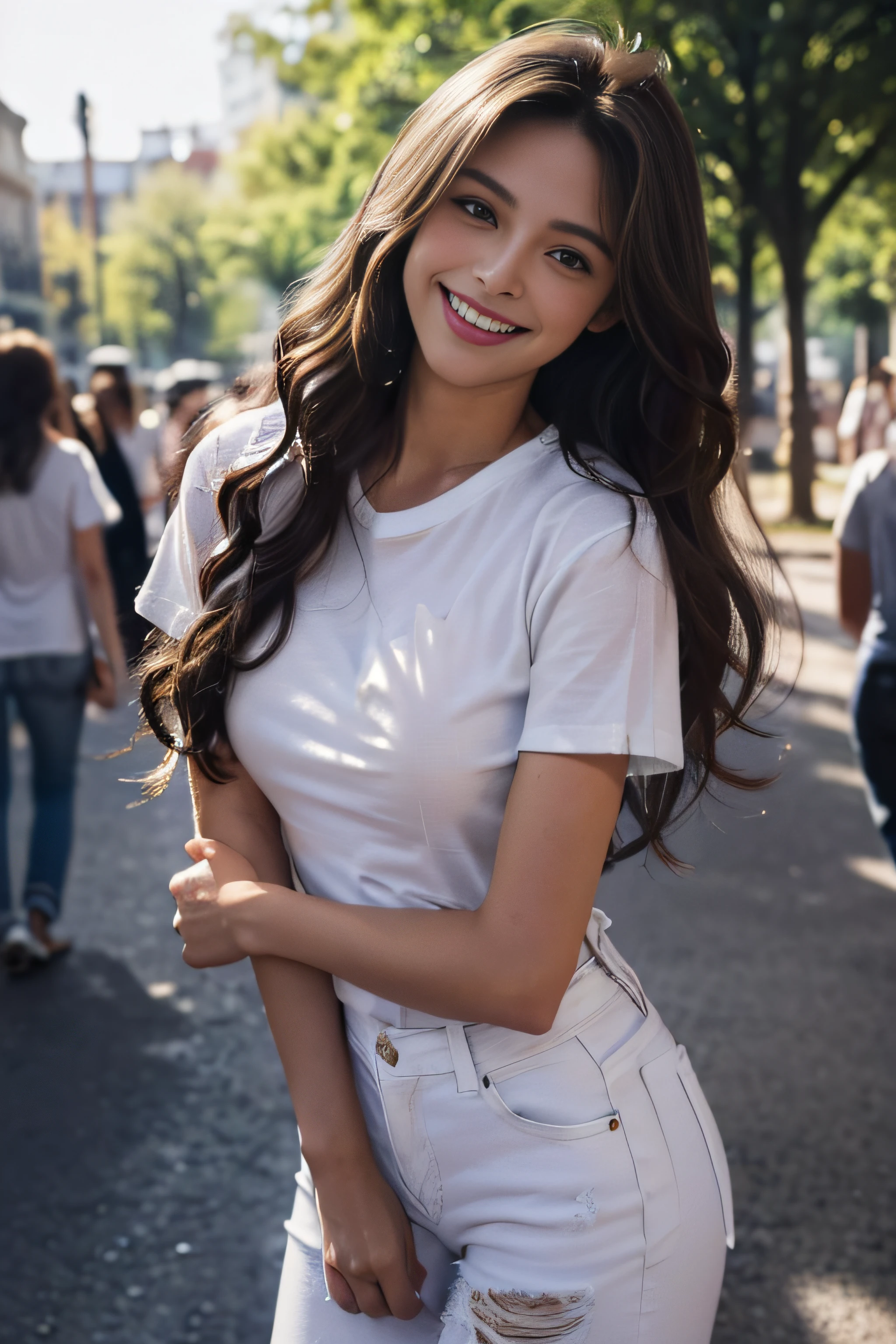 ((beautiful a girl:1.3))((Jeans and white T-shirt:1.4))((In the street_In the crowd:1.2)),((Thin_fabric:1.4))((standing there doing nothing:1.3))((with a flushed face:1.4))((breasts of medium size,:1.2))((close-up:1.2)) Best Quality,masutepiece,超A high resolution,(Photorealistic:1.4),Raw photo,(Authentic skin texture:1.3),(Film grain:1.3),the panorama,Character Portrait,Very Wide Shot,Narrow waist,Cowboy Shot,(In the Dark, deepshadow, lowkey, cold light,) Night,(()),Streaming Tears,,Dust,Tindall Effect,(expression),1girl in,beautiful detailed eyes and face,White Jabot,Brown eyes,((Brown-colored super long hair:1.2)),((Loosely curled hair:1.2)) ((Full body:1.3)) ((Smile:1.3))