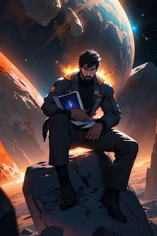 Draw a young programmer, sitting on a research platform floating in the middle of an asteroid belt. He is studying with a notebook, surrounded by several asteroids glowing with fiery auras. Dramatic lighting from distant stars and planets illuminates the scene, casting deep shadows on the suit. The young man looks confident and determined, looking at the vast and mysterious universe with wonder and respect,facial hair, cowboy shot,