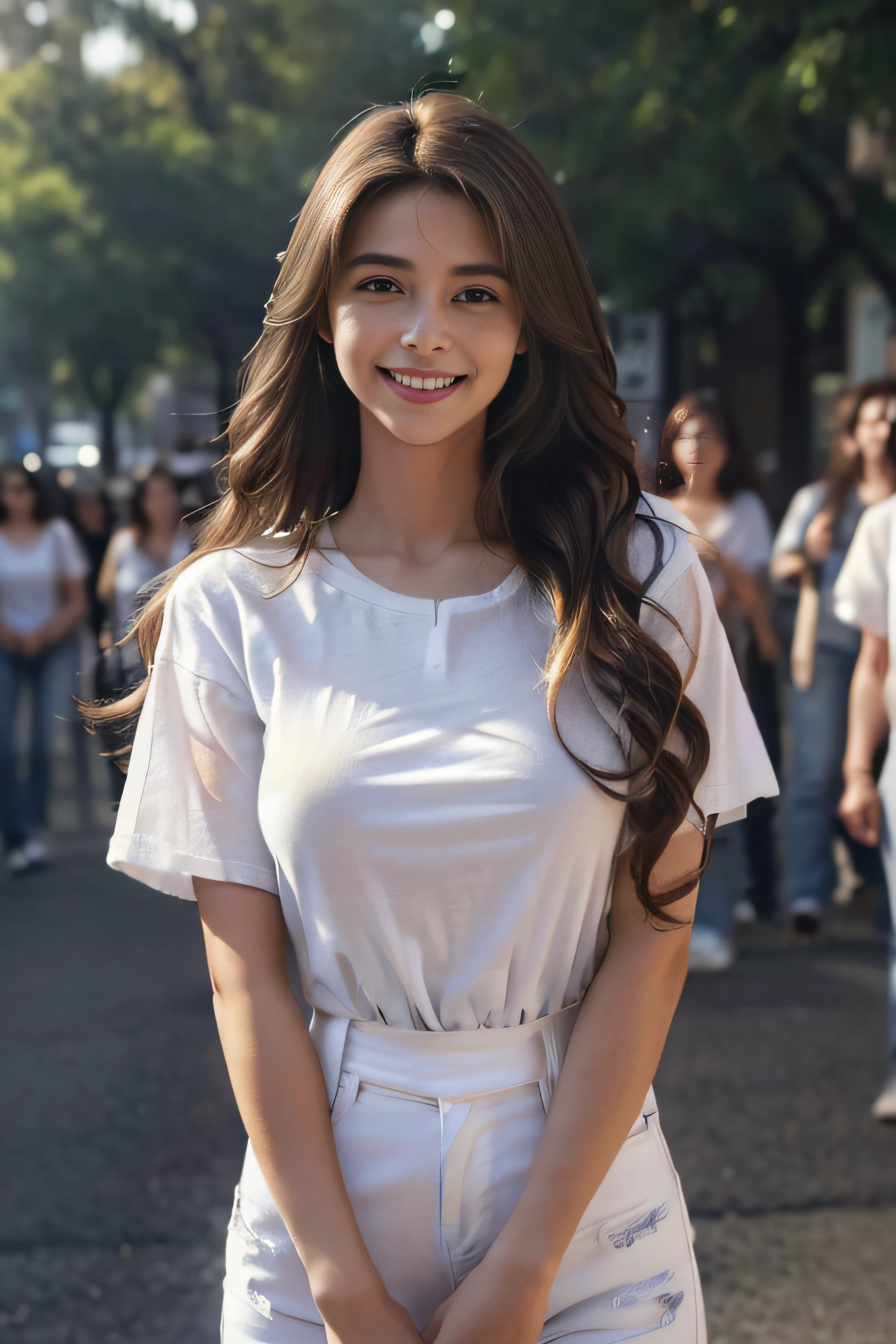 ((beautiful a girl:1.3))((white henley neck long sleeve shirt_JINS_baseball cap:1.4))((In the street_In the crowd:1.2)),((Thin_fabric:1.4))((Walking towards us:1.3))((with a flushed face:1.4))((breasts of medium size,:1.2))((close-up:1.2)) Best Quality,masutepiece,超A high resolution,(Photorealistic:1.4),Raw photo,(Authentic skin texture:1.3),(Film grain:1.3),the panorama,Character Portrait,Very Wide Shot,Narrow waist,Cowboy Shot,(In the Dark, deepshadow, lowkey, cold light,) Night,(()),Streaming Tears,,Dust,Tindall Effect,(expression),1girl in,beautiful detailed eyes and face,White Jabot,Brown eyes,((Brown-colored super long hair:1.2)),((Loosely curled hair:1.2)) ((Full body:1.3)) ((Little smile:1.3))