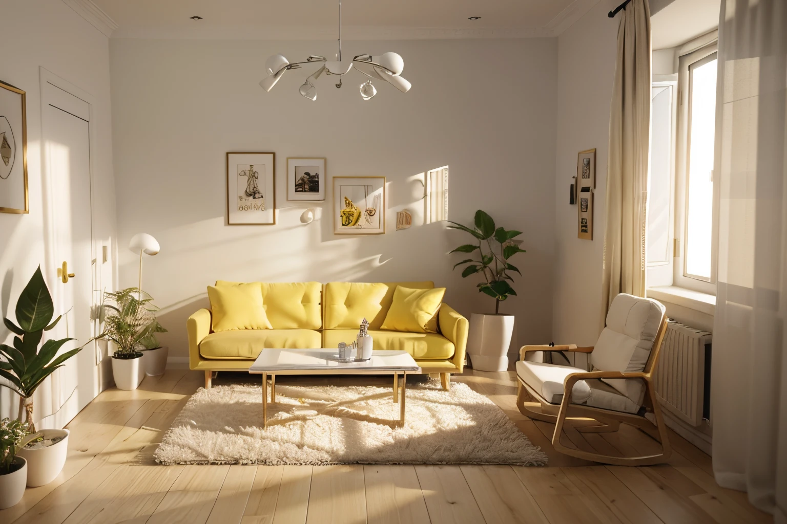 Crazy meticulous dollhouse, Comfortable bedroom, Cute 3d render, Attractive lights and shadows, White and yellow cushions, architecture, tables and chairs, Indoors, Building, Living room, Room, rug, a plant, Home décor, sofe, chair, Interior design