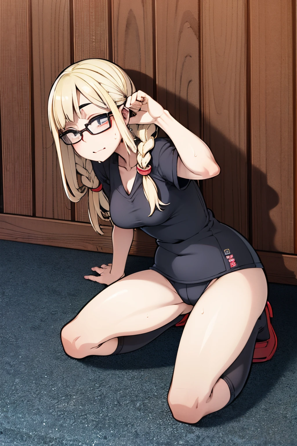((melhor qualidade, 8k, best resolution, perfect quality, ultra detalhado, sharped image)), pele oleosa, pele suado, roupas molhadas, 1girl, sozinho, cabelos pretos, corar, livro, braided hair, glasses, seios grandes, bichano, buceta suco pingar, barbante de suco de buceta, Trilha do suco de buceta, Uniforme escolar, Estudante, SHOES, saia, Meias, esticado , coxas grossas, Coxas, Wet, buceta molhada