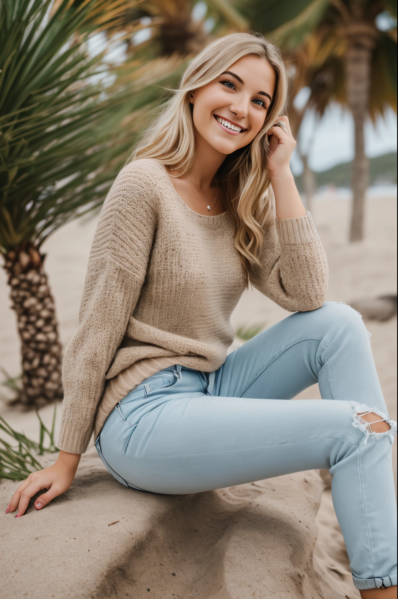 photorealistic natural beautiful blonde 21 year old girl in light brown cozy sexy pullover and white jeans sitting at the beach,palmtree in background, bokeh, smiling happy, wind blowing, canon d1 85 mm --auto --s2