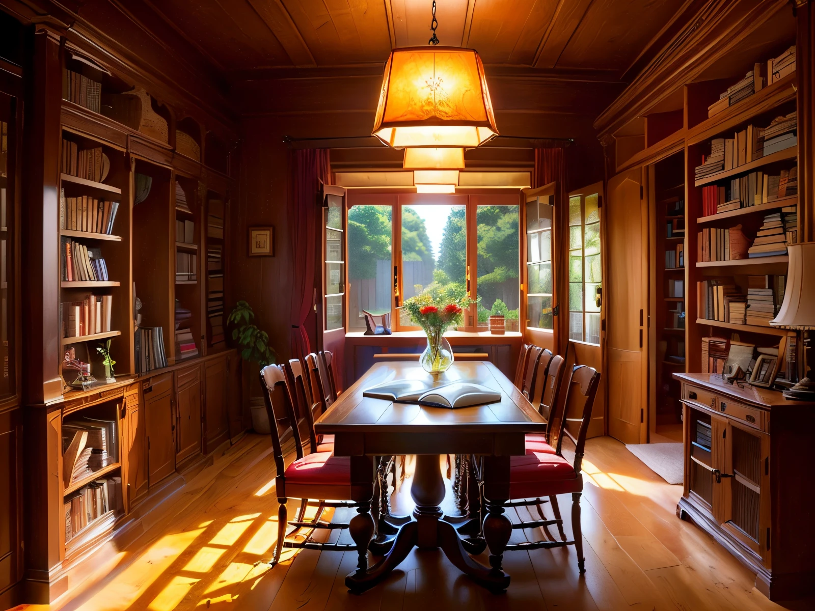 A lamp whose inside is in the shape of the floors of a house, how many people are sitting inside Full of books and invented devices inside the lamp and around it