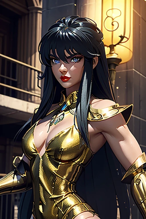 There is an adult European woman , Saint Seiya , Aquarius Gold Cloth, Dark hair, red lips, Eye shadow, natural makeup, long curved hait, beautiful chest, Second Life Avatar, Beautiful screenshot, Second Life, attractive woman, high quality, highly detailed skin, dynamic pose