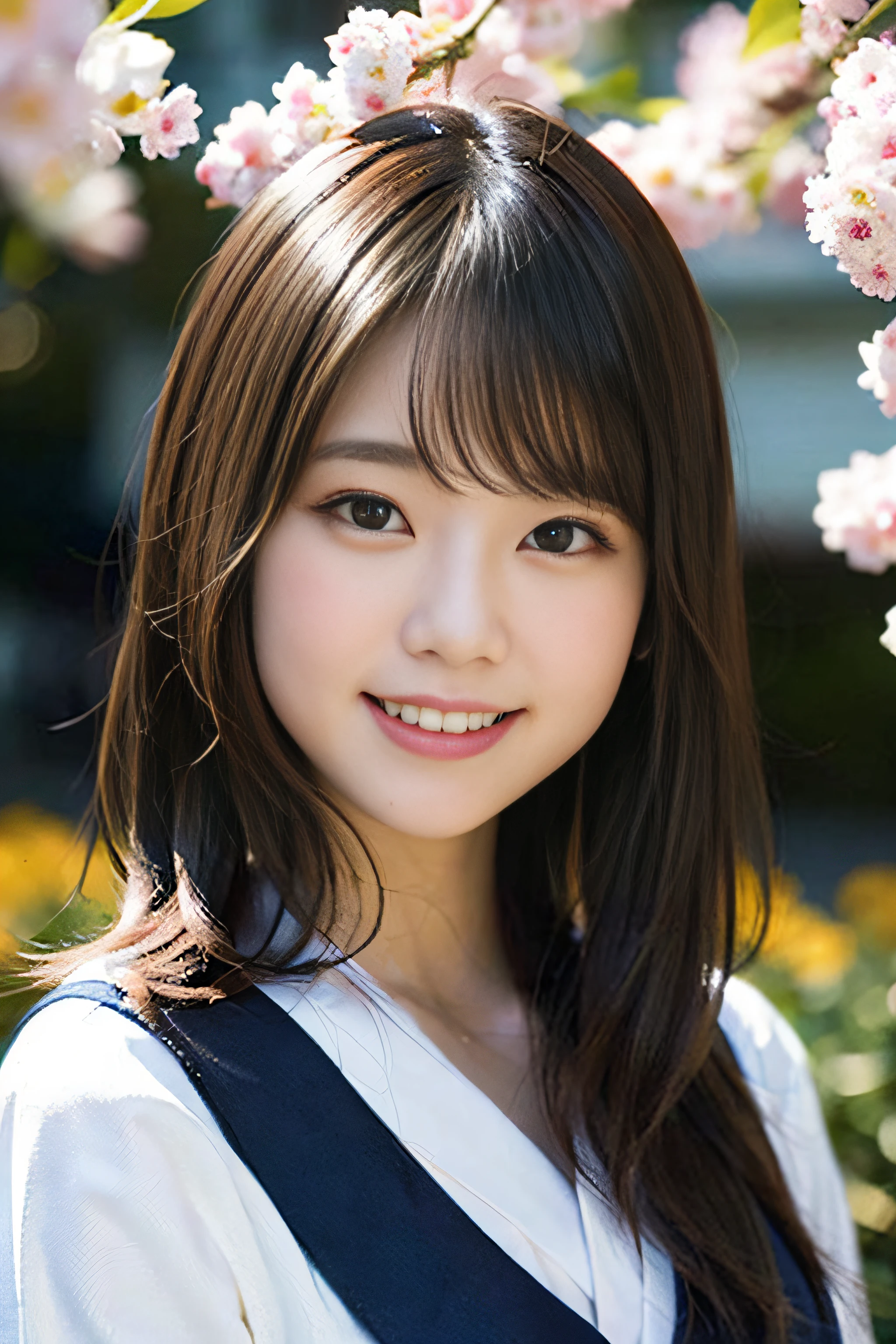 (8K、Raw photography、top-quality、masterpiece:1.2)、(realisitic、Photorealsitic:1.37)、ultra-detailliert、超A high resolution、女の子1人、see the beholder、beautifull detailed face、A smile、Constriction、(Slim waist) :1.3)、Beautiful detailed skin、Skin Texture、Floating hair、Professional Lighting、Whole human body、Longhaire、a blond、japanese hight school uniform、a sailor suit、matriculation、、Bob Hair、E-cup、Happy smile、、Red ribbons、a baby face、Childisuppin、Moisturizing lips、Thin pink lips、flower field