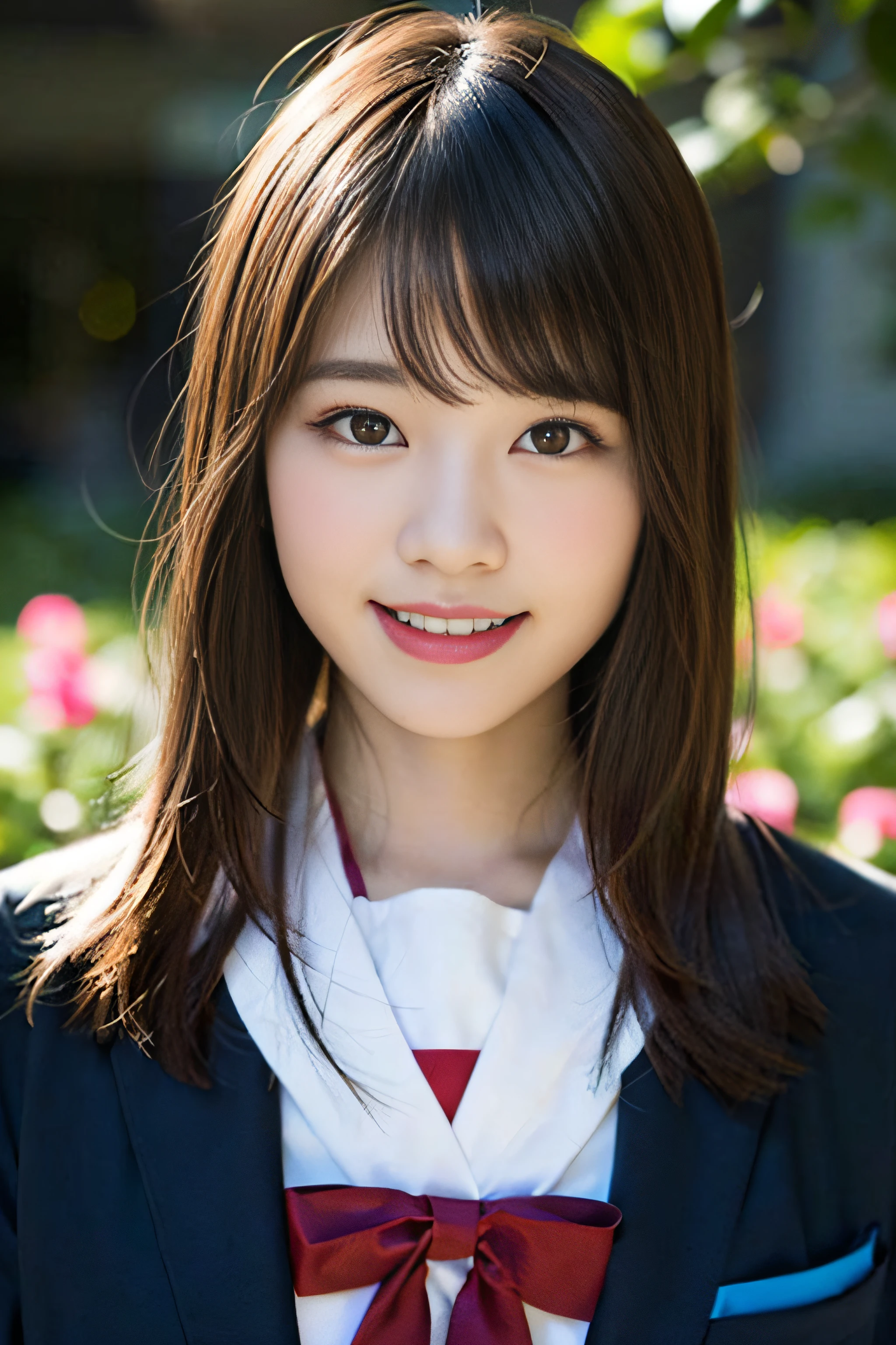 (8K、Raw photography、top-quality、masterpiece:1.2)、(realisitic、Photorealsitic:1.37)、ultra-detailliert、超A high resolution、女の子1人、see the beholder、beautifull detailed face、A smile、Constriction、(Slim waist) :1.3)、Beautiful detailed skin、Skin Texture、Floating hair、Professional Lighting、Whole human body、Longhaire、a blond、japanese hight school uniform、a sailor suit、matriculation、、Bob Hair、E-cup、Happy smile、sixteen years old、Red ribbons、a baby face、Childish smile、Suppin、Moisturizing lips、Thin pink lips、Nostalgic countryside