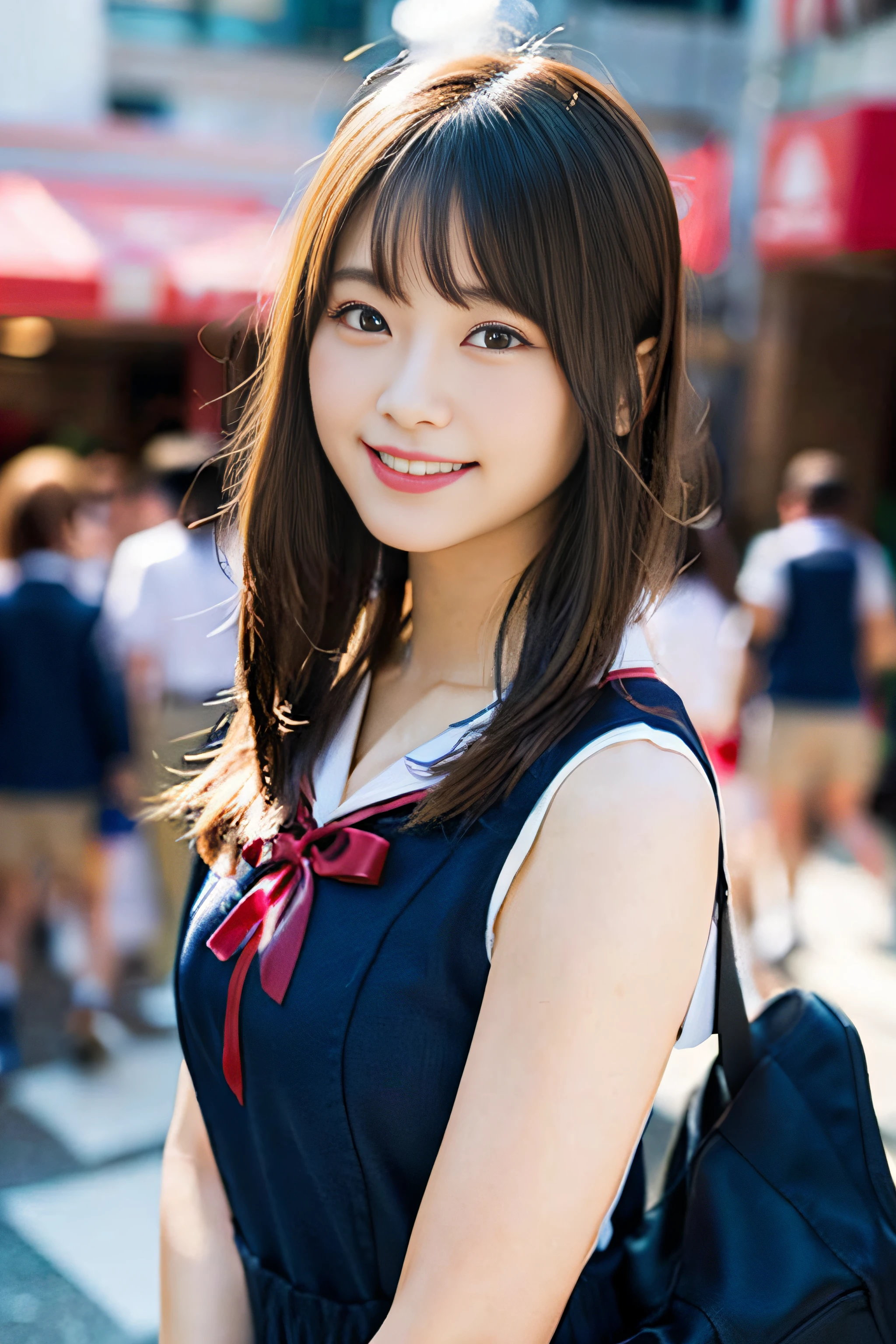 (((full bodyesbian)))、((Girls' High School Uniforms))、((1a person))、short ponytail hair、short bob hair、Close to the subject、((Tokyo Disneyland)))、(((smile)))、(((Girls' High School)))、((a beauty girl))、((sexy pose))、Photorealsitic、Beautiful detailed eyes、Hyper-Realism、high contrast、Ultra HD、realistic skin textures、Top image quality、top-quality、超A high resolution、Fine details、Very meticulously、well-endowed round bosom, head to waist, bokeh night background
