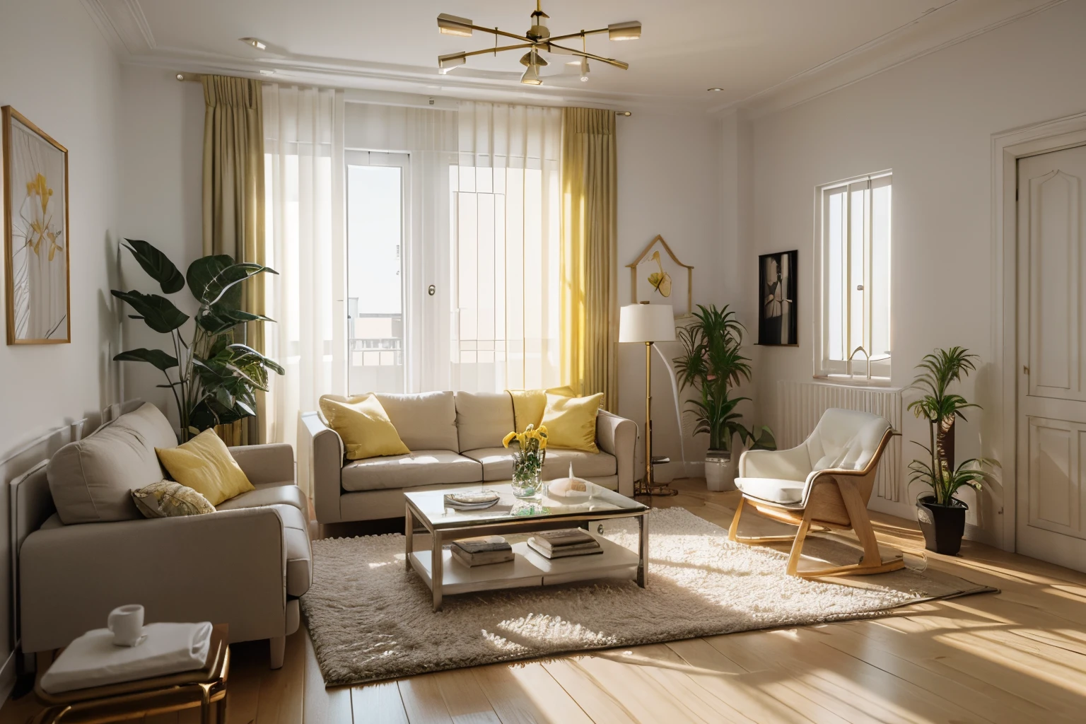 Crazy meticulous dollhouse, Comfortable bedroom, Cute 3d render, Attractive lights and shadows, White and yellow cushions, architecture, tables and chairs, Indoors, Building, Living room, Room, rug, a plant, Home décor, sofe, chair, Interior design