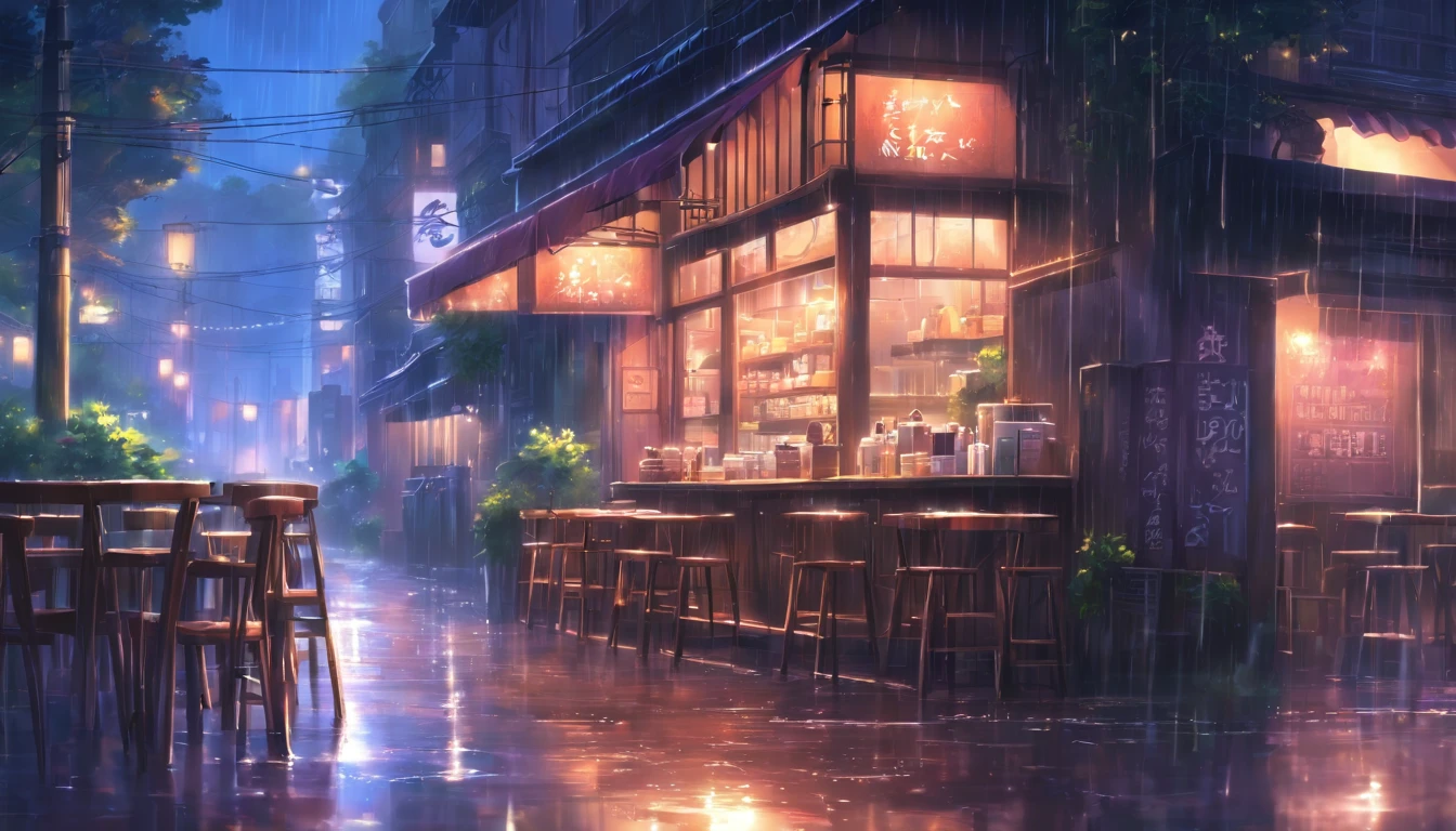 cafe, outdoor, street, muddy, coffee shop, light, dark, bright, heavy rain, rain, raindrops, dark, dark environment, high res, hd, 4k