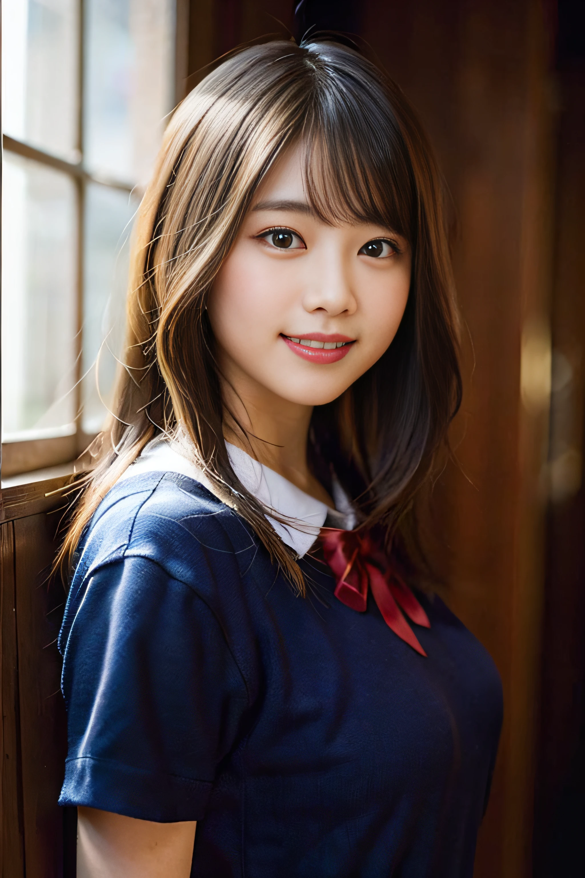 (8K、Raw photography、top-quality、masterpiece:1.2)、(realisitic、Photorealsitic:1.37)、ultra-detailliert、超A high resolution、女の子1人、see the beholder、beautifull detailed face、A smile、Constriction、(Slim waist) :1.3)、Beautiful detailed skin、Skin Texture、Floating hair、Professional Lighting、Whole human body、japanese hight school uniform、a sailor suit、Twin Hairstyles、E-cup、Happy smile、、Red ribbons、a baby face、schoolsom、Constriction of the lower back、He wears a gray hoodie as part of his uniform.