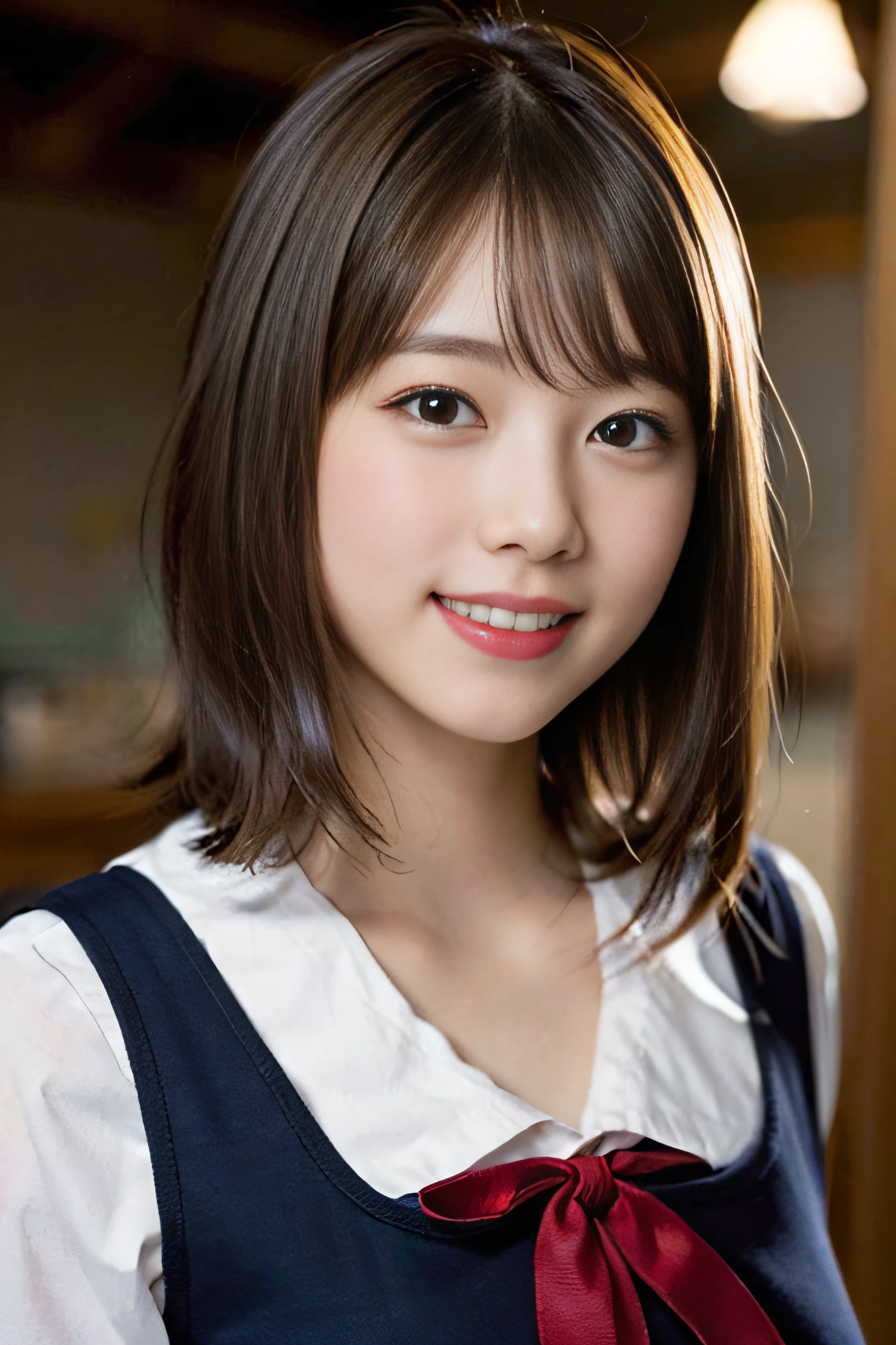 (8K、Raw photography、top-quality、masterpiece:1.2)、(realisitic、Photorealsitic:1.37)、ultra-detailliert、超A high resolution、女の子1人、see the beholder、beautifull detailed face、A smile、Constriction、(Slim waist) :1.3)、Beautiful detailed skin、Skin Texture、Floating hair、Professional Lighting、Whole human body、Longhaire、a blond、japanese hight school uniform、hi-school girl、school classrooms、15yo student、E Cup Breast、Shy smile、a baby face、Bob Hair、Happy smile、Chest protruding pose、Red ribbons、There is a village frame pure