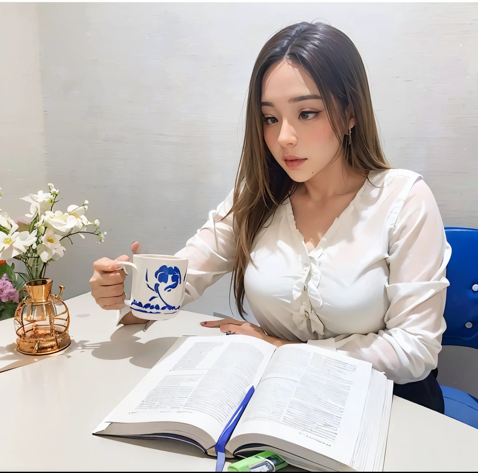 Woman sitting at the table with a book and a mug. The person's face is blurred and they are wearing a white blouse. The book is open and there is a green highlighter on it. The mug is white with a blue logo and text that says “VITÓRIA RODRIGUES”. There is also a vase with pink and white flowers on the table.. The background is a white wall.