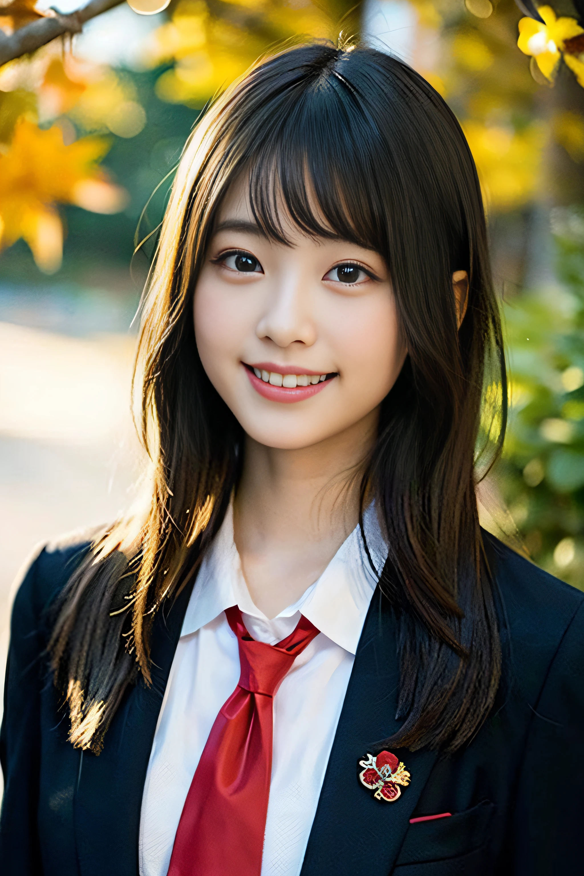 (8K、Raw photography、top-quality、​masterpiece:1.2)、(realisitic、Photorealsitic:1.37)、ultra-detailliert、超A high resolution、女の子1人、see the beholder、beautifull detailed face、A smile、Constriction、(Slim waist) :1.3)、Beautiful detailed skin、Skin Texture、Floating hair、Professional Lighting、Whole human body、Longhaire、a blond、japanese hight school uniform、hi-school girl、School route、autumnal、Colored leaves、Red ribbons、Bob Hair、Happy smile、Childish smile、Suppin