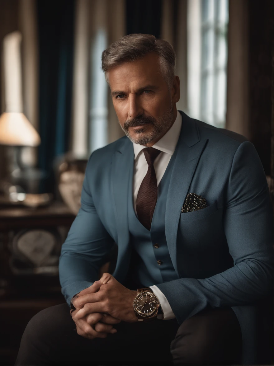 COACH DE NEGOCIOS ONLINE 60 YEARS OLD, masculino, de mucha experiencia, musculoso, robusto y acuerpado, una persona muy sabia y astuta, posing completely in front of the camera and full body shot, vistiendo con ropa elegante, TRAJE ENTERO, perfectamente ajustado, con un gesto decidido, serio y agresivo en su rostro, surrounded by lighting that highlights its imposing presence, Photographic and colorful style, Sharp focus lens.