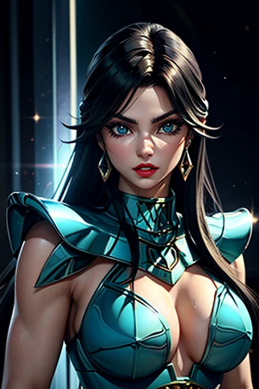 There is an adult European woman , Saint Seiya , Dragon Cloth, Dark hair, red lips, Eye shadow, natural makeup, long curved hait, beautiful chest, Second Life Avatar, Beautiful screenshot, Second Life, attractive woman, high quality, highly detailed skin, dynamic pose