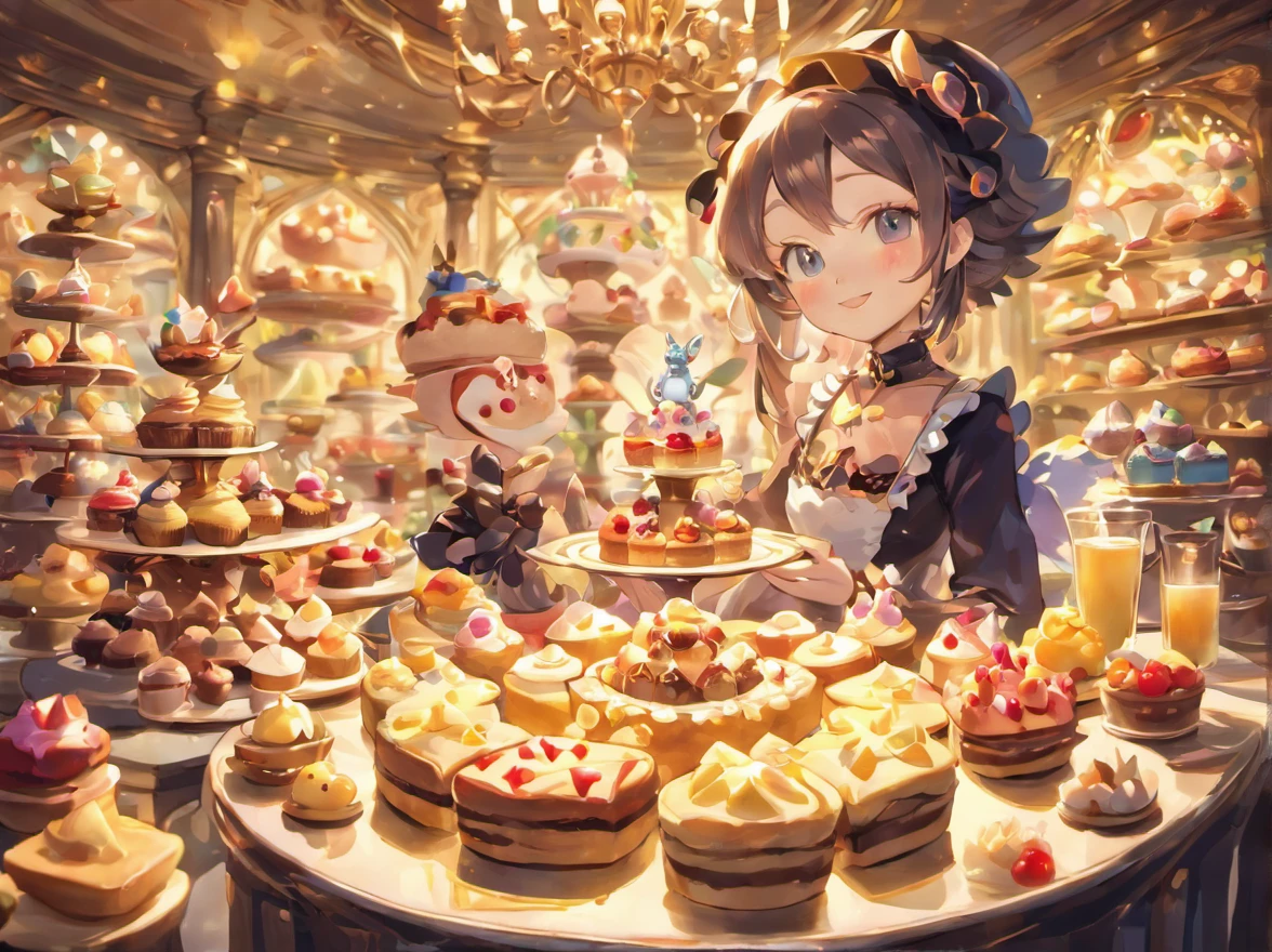 (Best quality,4K,8k,high resolution,Masterpiece:1.2),Ultra-detailed,(Realistic,photo-reallistic,photo-realistic:1.37),fille,Happy Surrounded by Desserts,Esao Andrews' style,Style Tim Burton,Art sombre,pixiv,deviantart, Inkpunk, ambiance douce,Desserts luxuriants,Delicate pastries,Detailed Frosting,Whimsical Cakes,Gothic elements,Vibrant colors,ombres captivantes,A mysterious light,Ambiance onirique,Fantastic Backgrounds,Delicate confections,Des friandises fantaisistes,Appetizing sweets,sombre mais enchanteur,of mesmerizing beauty,Portraits of Melancholy,Cake Sculptures,ethereal beauty,imagination tordue,Unique Characters,Enchanted World,A setting worthy of a storybook,Strange and whimsical dessert platter tier trays gold diamond mirrors, Laudree french pastry boxes,