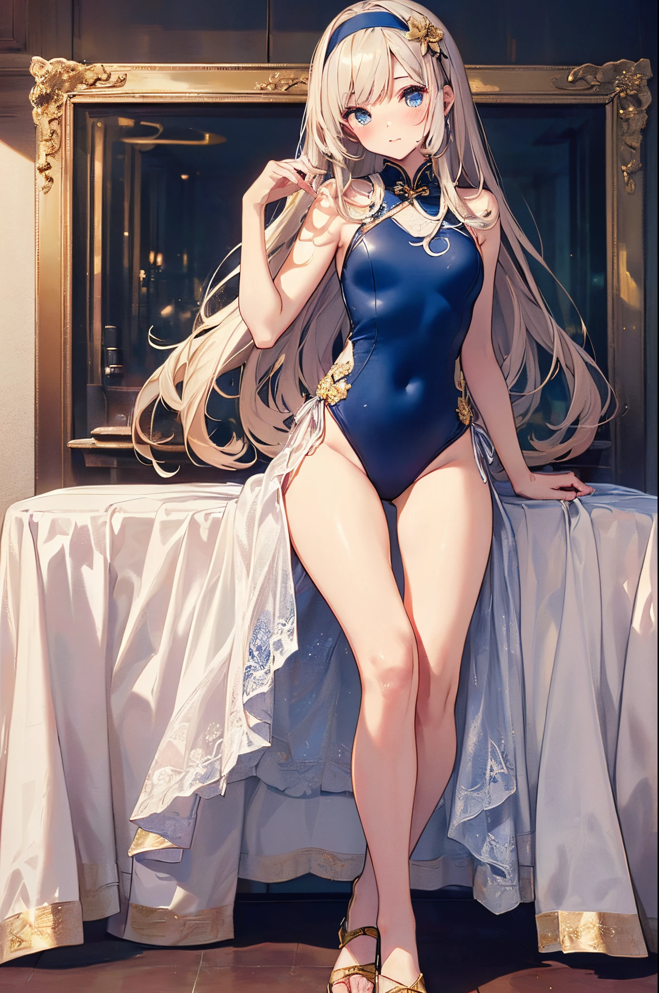 ((2D beautiful girl、top-quality:1.1、Perfect fingers:1.2、perfect anatomia:1.2、Dress perfectly、face perfect:1.1、Beautiful illustration))、(transform sequence)、((cute decorative headbands、white, blue and gold cheongsam swimwear:1.1)、years、Solio、hime、Fractal Art、baace、(ight long hair))、(Slender and beautiful legs)、big drooping eyes:1.1、(full body photographed:1.1、Long Shot Photography)、((1 person))、resort hotel、embarrassed from、red blush