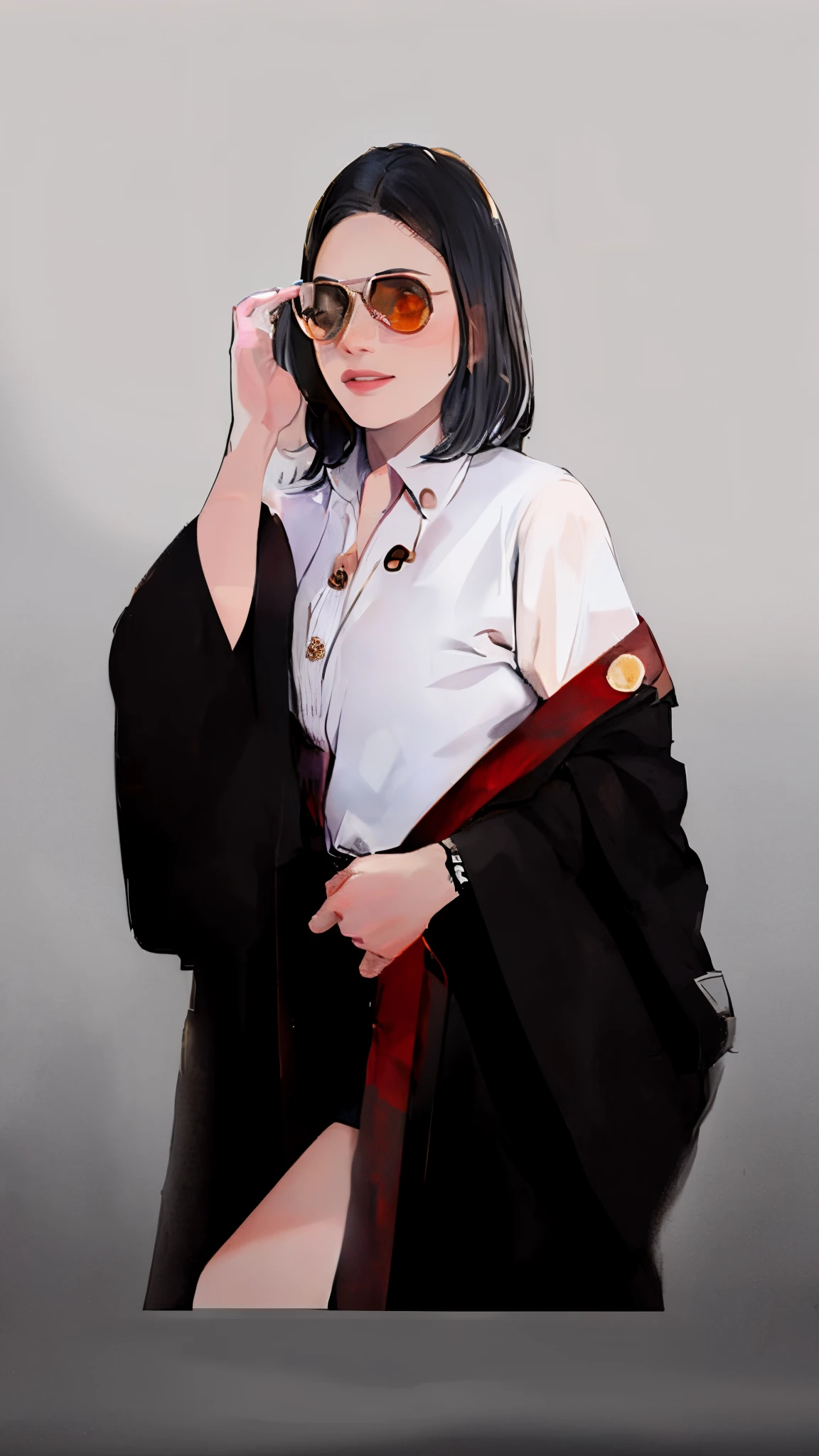 (masterpiece:1.2),illustration,lineart,texture,a woman black hair wearing a brown sunglasses ,white shirt, black skirt and a red stripes on black graduation robe ,warm color palette,soft natural light ,detailed pencil strokes,delicate outlines,distinct shadows,subtle shading,impeccable attention to detail,highly realistic,artistic touches,vibrant and lifelike rendering,professional-level skill,colorful and textured background,warm and inviting atmosphere,peaceful and relaxed expression,sophisticated and elegant aesthetics.