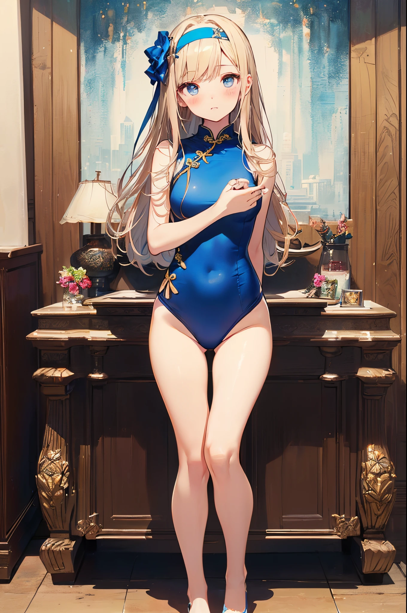 ((2D beautiful girl、top-quality:1.1、Perfect fingers:1.2、perfect anatomia:1.2、Dress perfectly、face perfect:1.1、Beautiful illustration))、(transform sequence)、((cute decorative headbands、white, blue and gold cheongsam swimwear:1.1)、years、Solio、hime、Fractal Art、baace、(ight long hair))、(Slender and beautiful legs)、big drooping eyes:1.1、(full body photographed:1.1、Long Shot Photography)、((1 person))、resort hotel、embarrassed from、red blush