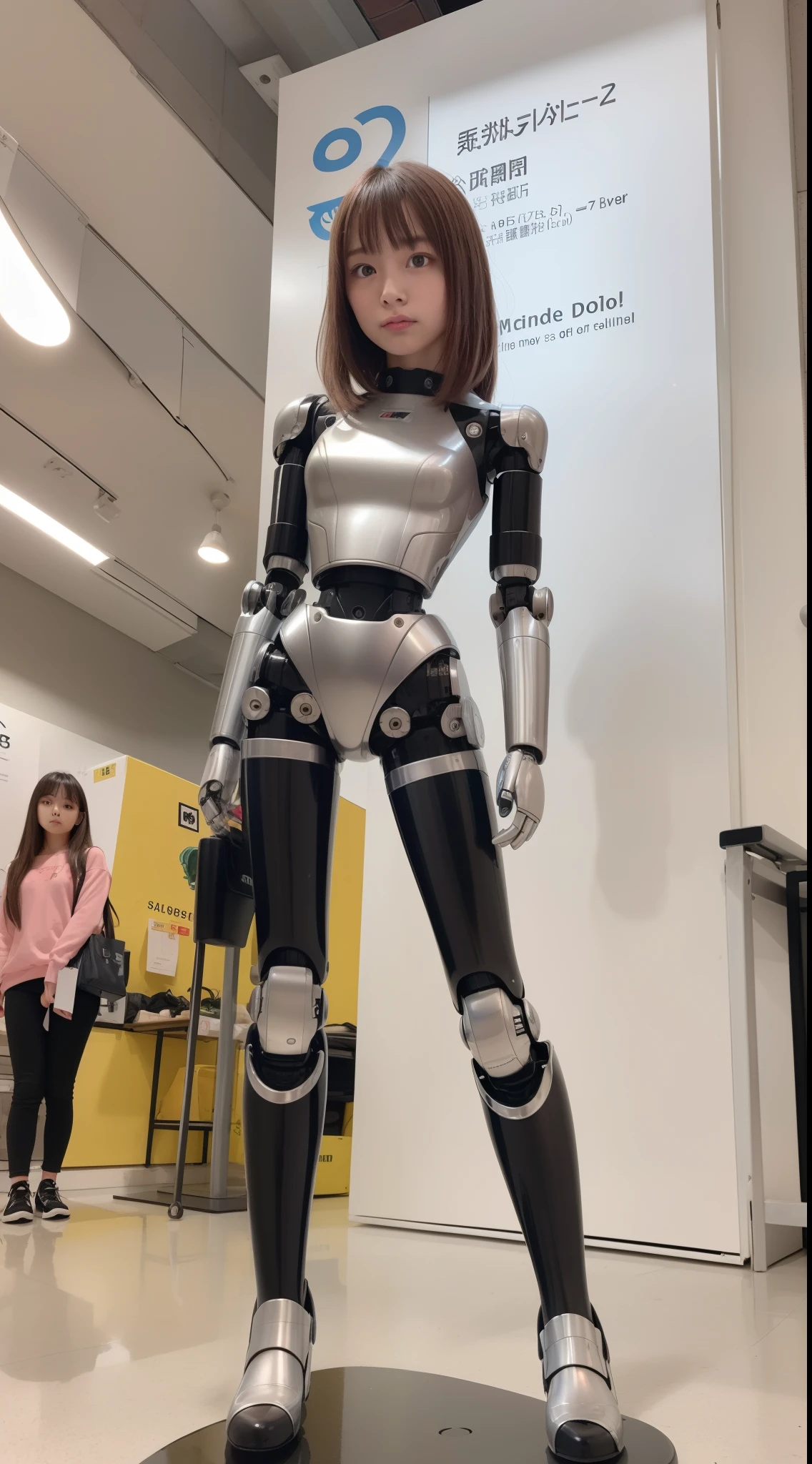 Robot Girl, pink there, Silver, Metallic body, Robot Parts, Metal Parts, Super Detailed Face, Super well-formed face, of the highest quality, a small face, a small head, Brown hair, Slender body, Camera gaze, Internal Mechanical Exposure, Idol, front facing, Well-proportioned body, sale, Exhibited, Event Hall, Moe Pose, Standing with legs open, Model body type, sad, Embarrassing,(Perfect Robot Girl),(Perfect machine body)