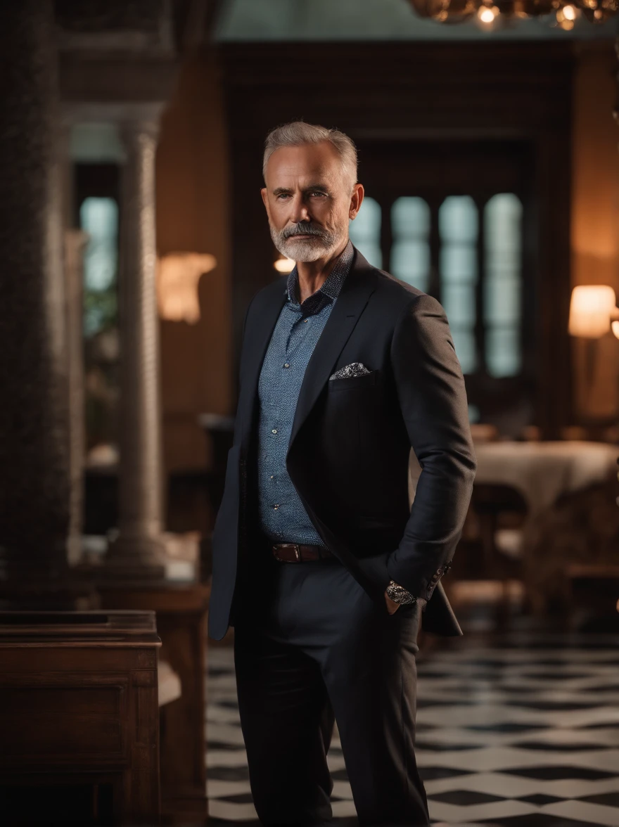 COACH DE NEGOCIOS ONLINE 60 YEARS OLD, masculino, de mucha experiencia, musculoso, robusto y acuerpado, una persona muy sabia y astuta, posing completely in front of the camera and full body shot, vistiendo con ropa elegante, TRAJE ENTERO, perfectamente ajustado, con un gesto decidido, serio y agresivo en su rostro, surrounded by lighting that highlights its imposing presence, Photographic and colorful style, Sharp focus lens.