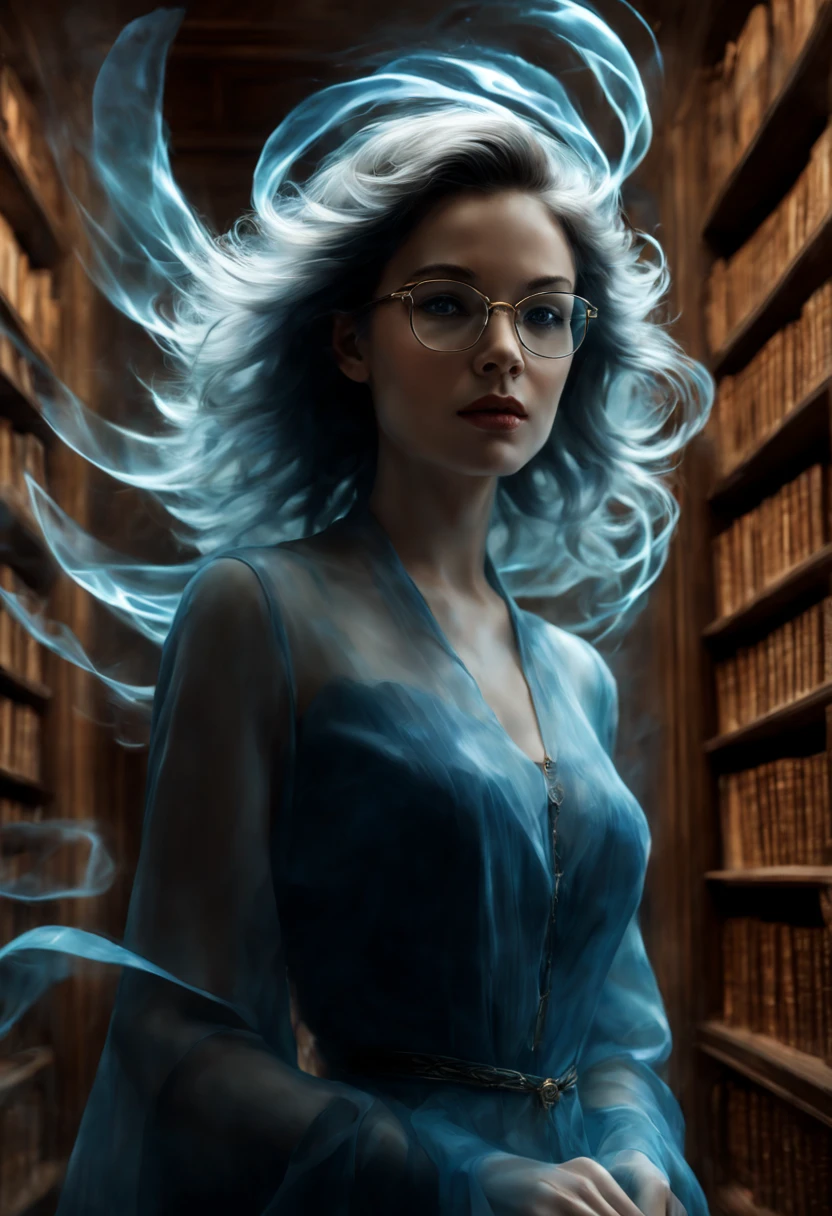 mj, RTX, 4k, HDR, Anna Razumovskaya, Casey Baugh, Antonio Mora, Aminola Rezai, Giovanni Boldini, art, realistic art. portrait of a translucent blue ghost Librarian, delicate translucent face, low angle, floating, flowing charm at every turn, in the ancient lost library. magic, digital illustration, intricate details, dusty room atmosphere, sharp focus, complex composition, sharp focus, studio photography, intricate details, high detail,