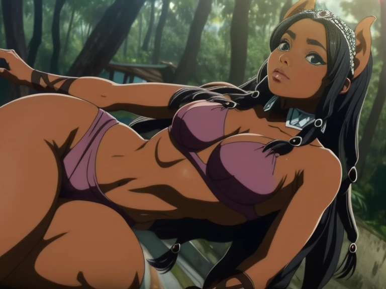 1 garota porco bonita,cabelos negros ondulados compridos,olhos negros selvagens,middlebreasts,corpo delgado,tom de pele rosa,usando roupas sensuais de batalha,cena e arte detalhada,lugar o floresta(corpo inteiro)