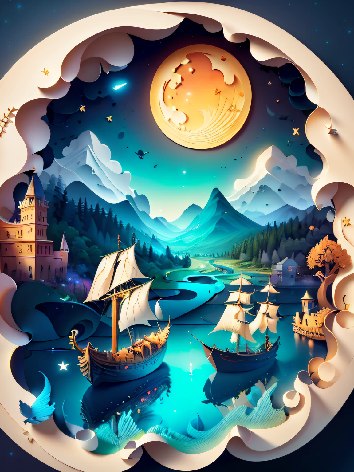 (((masterpiece))),best quality, illustration,  sky, cloud, water, star \(symbol\), tree, no humans, night, bird, moon, building, star \(sky\), night sky, scenery, starry sky, watercraft, castle, ship, waves, tower, boat. vibrant color scheme, Soft light,(warm color:1.2),Water color painting, light background, best quality exquisite details,3d rendering,Octane render, pastel, paper_cut
