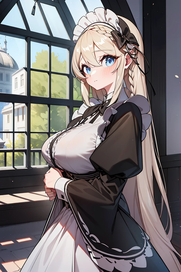 ((Flower type)), (ads), (1 busty girl), (((Alone))), (actual:1.5), Light particles, llight rays, victorian age, (Best Best Illustration), realistically, Octagonal rendering, 8K, neonlight, flying cars, Detailed faces, 詳細な目, ((maid)), maid headband, long braid, Very long hair, Blonde hair, eBlue eyes, (Sharp eyeliner, eye shadows, 詳細な目:1.1), (ulzzang-6500), model poses, (Eternal), (Outdoor sports), Noon time, Common areas, Indoors, (Green house in the background), Break the G36