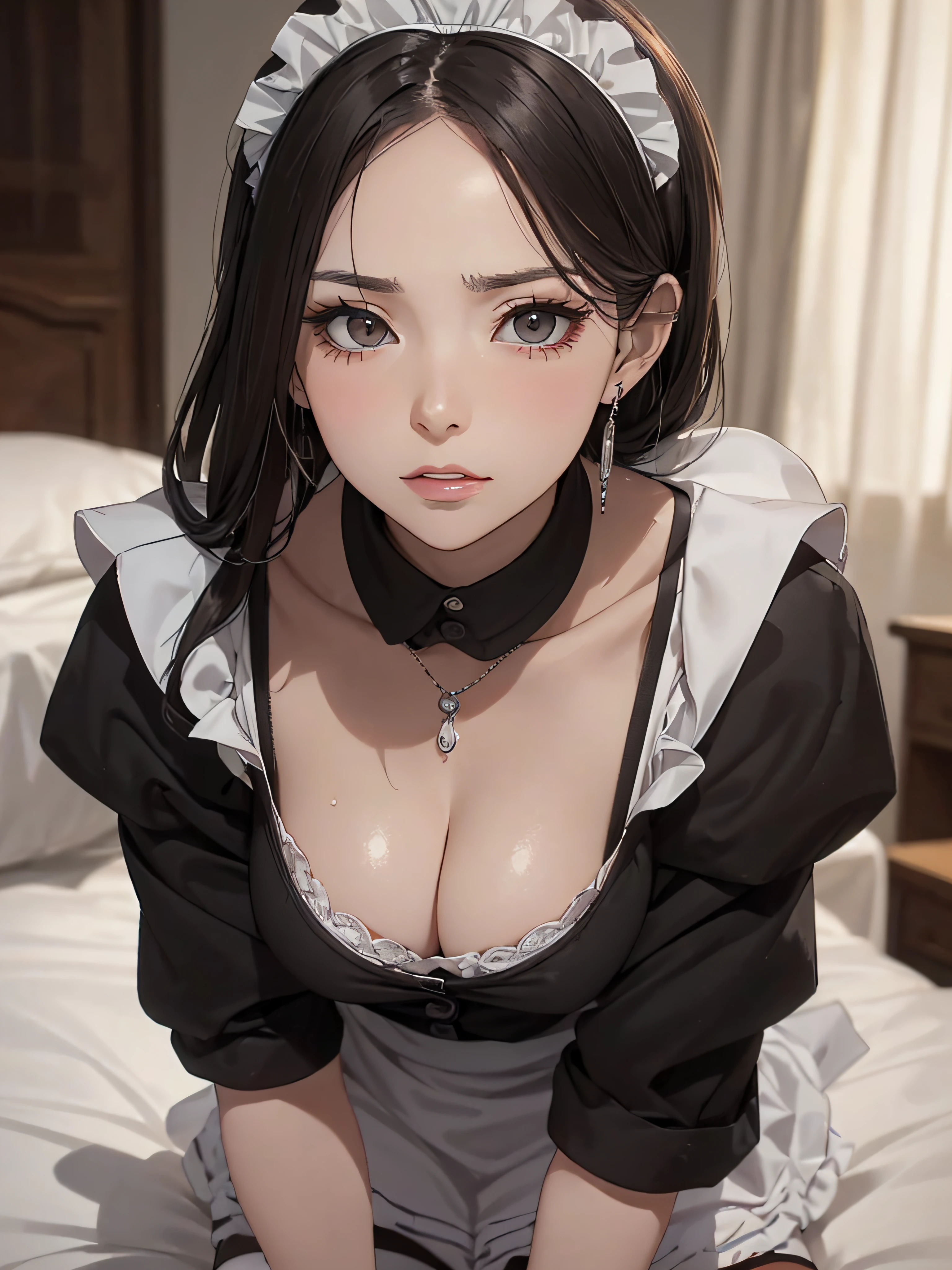 (masutepiece: 1.3), (max resolution: 1.2), (Ultra HDTV: 1.2), cinematric light, 8K resolution, Detailed eyes and skin, detailed facial features, , (Sharp Focus: 1.2), (Focus on Face:1.2),Perfect Style, Beautiful face, acurate, Anatomically correct, Highly detailed face and skin texture, Detailed eyes, Double eyelids, Thin eyebrows, Glitter Eyeliner: 1 Natural cheeks, Glossy skin, Fair skin: 1.2, (Glossy lips: 1.4),、 (Shy look: 1.2),Highly detailed facial and skin texture, Detailed eyes, Double eyelids, Natural cheeks, , shiny lips: 1.4,Exposed cleavage、Sperm taken、Overflowing sperm、Flowing sperm、 red blush、humiliated、impatience、dismay、Frightened、glares、Sexually arousal、Provocation、embarrassed from、Open knees、open one's legs、 White underwear、White bra、Shiny little earrings and necklaces、Disheveled clothes、Dressing、Exposed panties、Wearing sweat、sodden、Sheer underwear、Stockings、 23 instars, Neat and clean woman,1 persons、 upturned breasts, Bedroom、Lying in bed、Green ash eye,(maid clothes:1.5)、deep in the night、sexy pose、