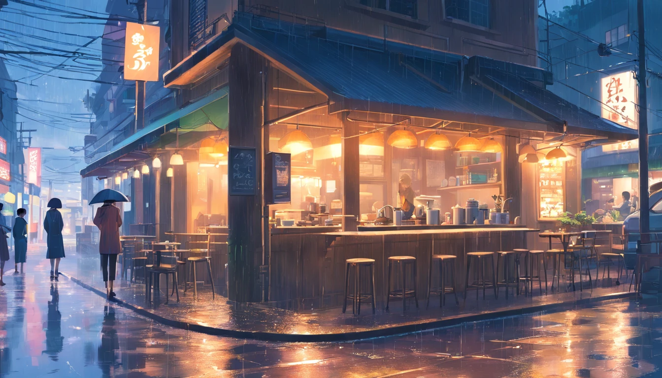 cafe, outdoor, street, muddy, coffee shop, light, dark, bright, heavy rain, rain, raindrops, dark, dark environment, high res, hd, 4k