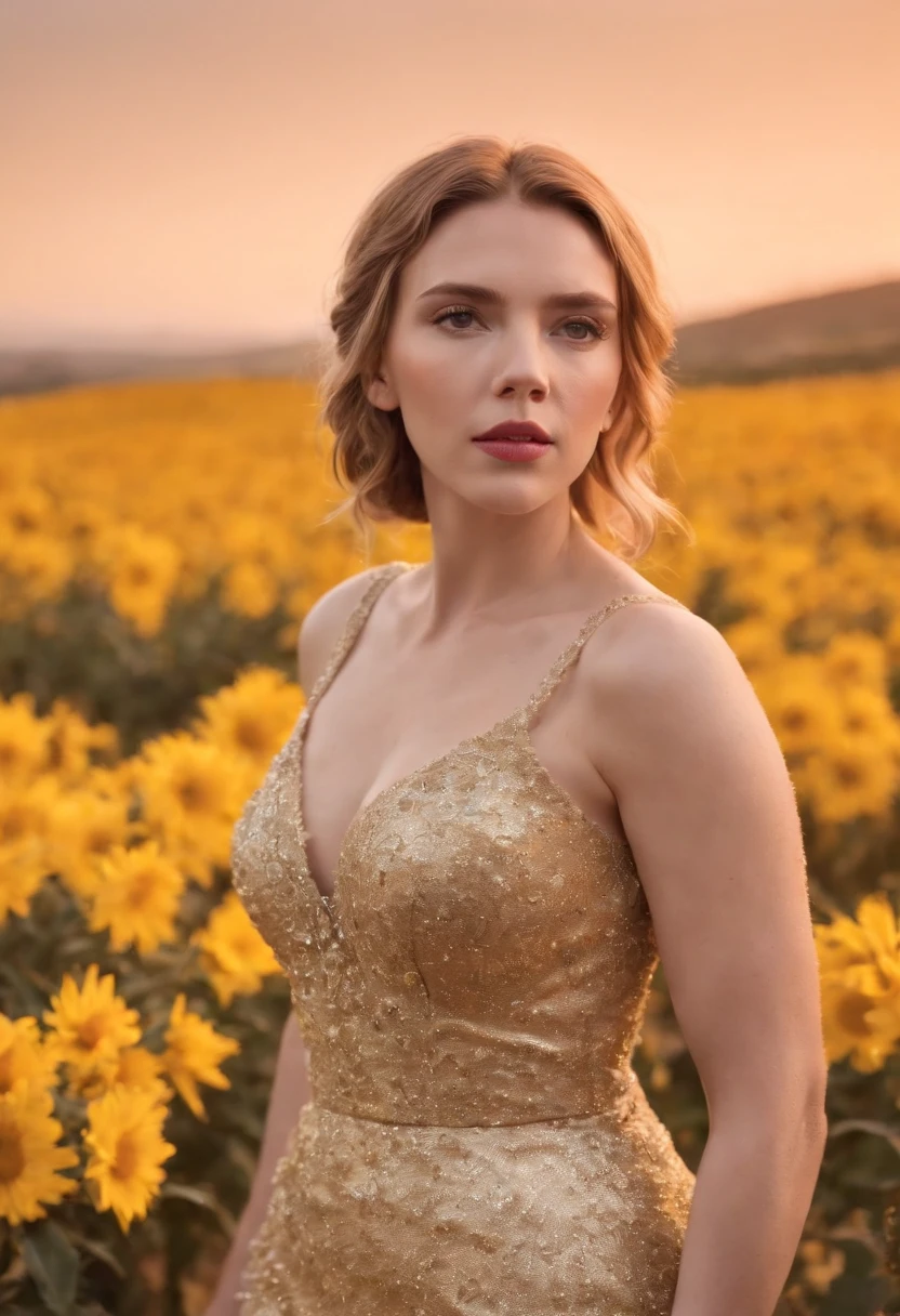 scarlett johansson gold dress in the flower fields on a hill with sunset in the background