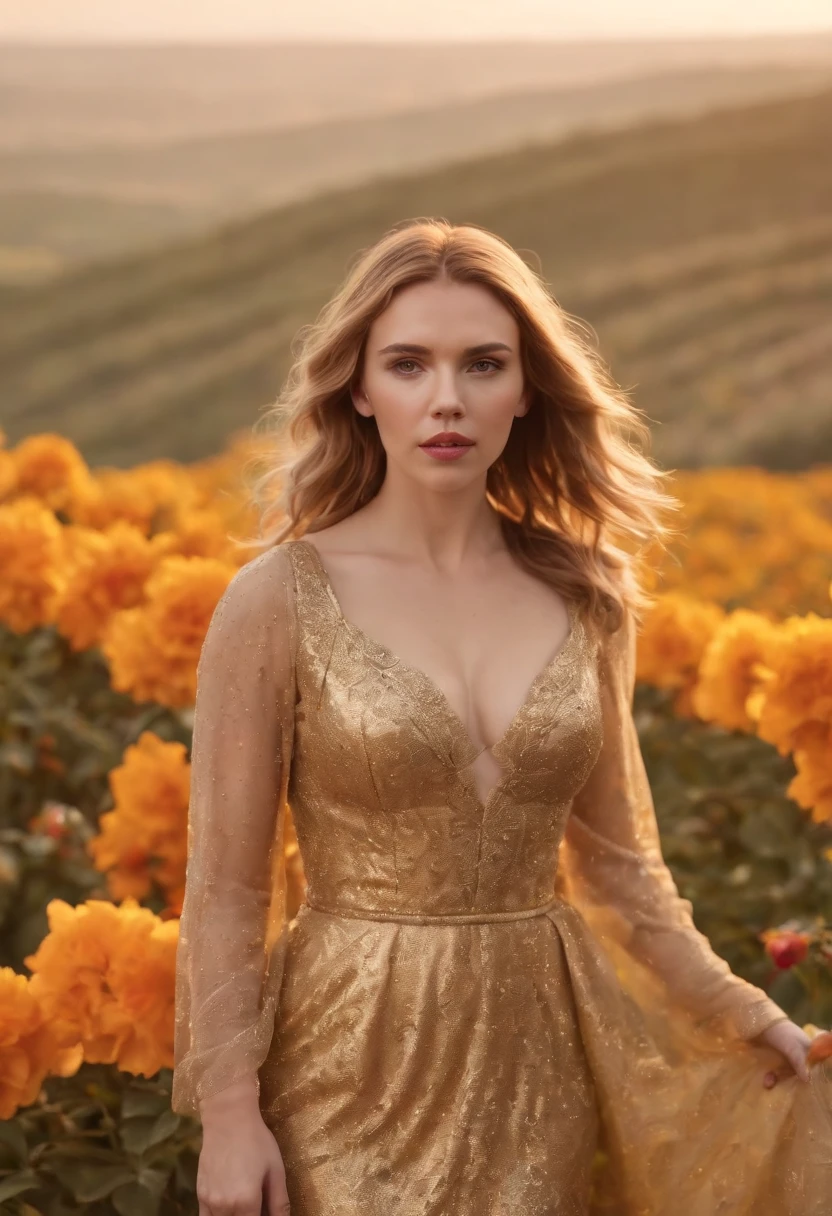 scarlett johansson gold dress in the flower fields on a hill with sunset in the background