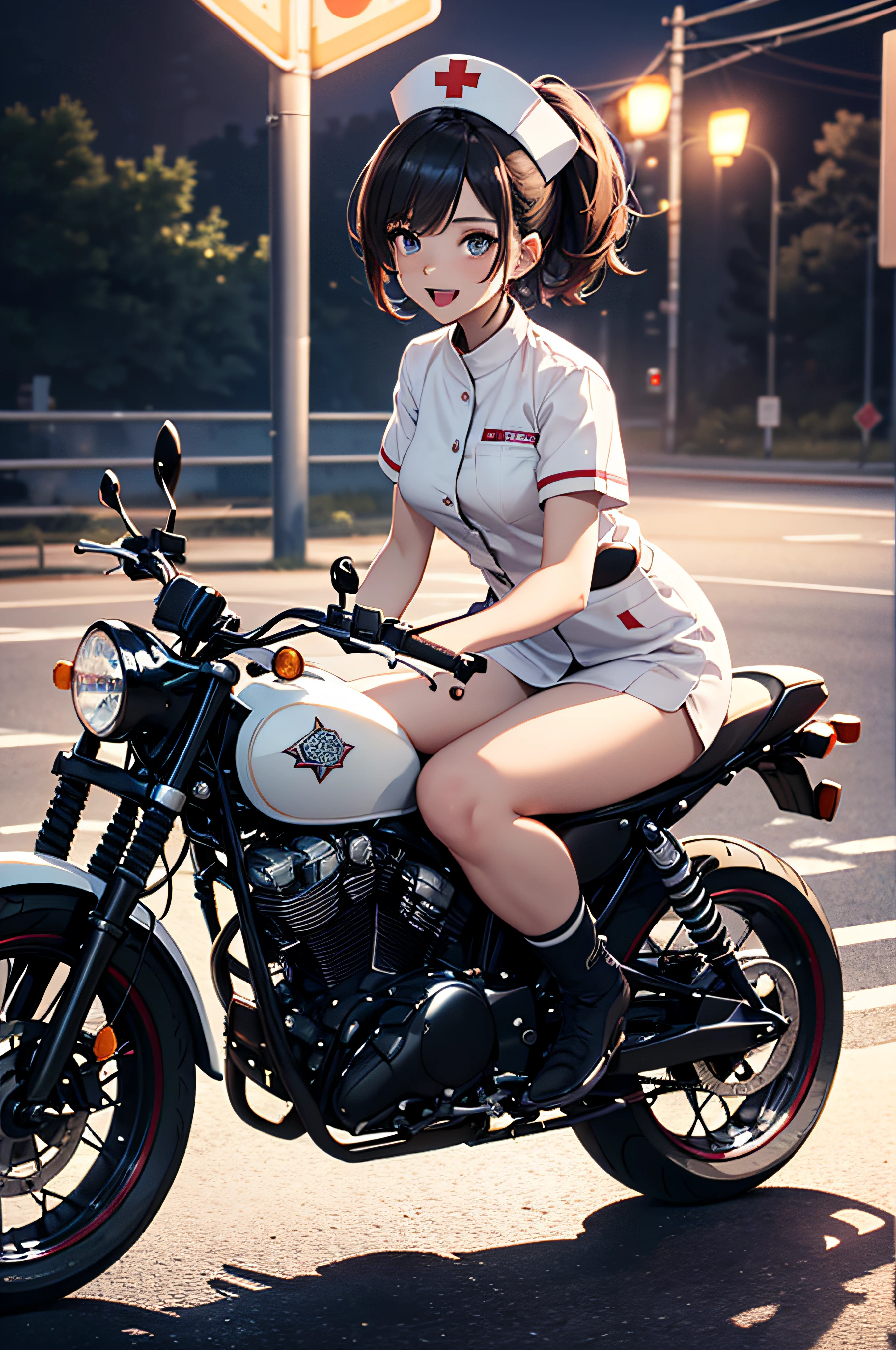 Official art, Best Quality, Unity 8k Wallpapers, masterpiece, ultra-detailliert, 超A high resolution, The best illustrations, Very ridiculous:1.2), (Cinematic lighting:1.2), Best Shadows, side lights, (Ultra-detailed and complex 3D rendering), Detailed beautiful face and eyes, A slender, 1Man Woman, Medium bust, (Full body:1.2), beauitful face, 18 year old beautiful girl, (super detailed skin、detailed skin textures:1.0), (riding on motorcycle:1.3), Nurse, White Bike, Nurse Cap, short-hair, poneyTail, (thighs thighs thighs thighs:0.8), First aid kit, (Gentle look:1.1), Smile with open mouth, Highway at night, scurry,