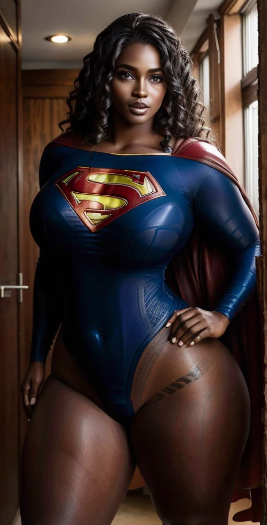 Emily is a black African woman, com pele muito escura, de 35 anos com cabelos escuros, geralmente preso em um coque ou rabo de cavalo. His eyes are dark and expressive, transmitindo sua personalidade sensual e sexy. She has an average height, Sobre 1.60m, com seios grandes, muito grandes e quadris enormes, BBW. Emily is a superhero, Usar roupas da supergirl sexy. Ela costuma usar pouca maquiagem, preferindo um visual natural. best quality, Realistic photo, photo de corpo inteiro, poses sensuais sexy, foto tirada de baixo para cima.