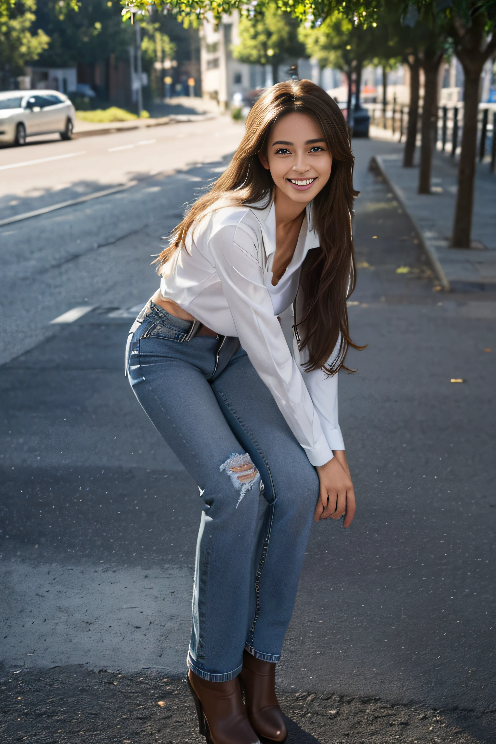 ((beautiful a girl:1.3))((Jeans and white T-school uniform:1.4))((In the street_In the crowd:1.2)),((Thin_fabric:1.4))((Random sexy poses:1.3))((with a flushed face:1.4))((breasts of medium size,:1.2))((close-up:1.2)) Best Quality,masutepiece,超A high resolution,(Photorealistic:1.4),Raw photo,(Authentic skin texture:1.3),(Film grain:1.3),the panorama,Character Portrait,Very Wide Shot,Narrow waist,Cowboy Shot,(In the Dark, deepshadow, lowkey, cold light,) Night,(()),Streaming Tears,,Dust,Tindall Effect,(expression),1girl in,beautiful detailed eyes and face,White Jabot,Brown eyes,((Brown-colored super long hair:1.2)) ((Full body:1.3)) ((Smile:1.3))