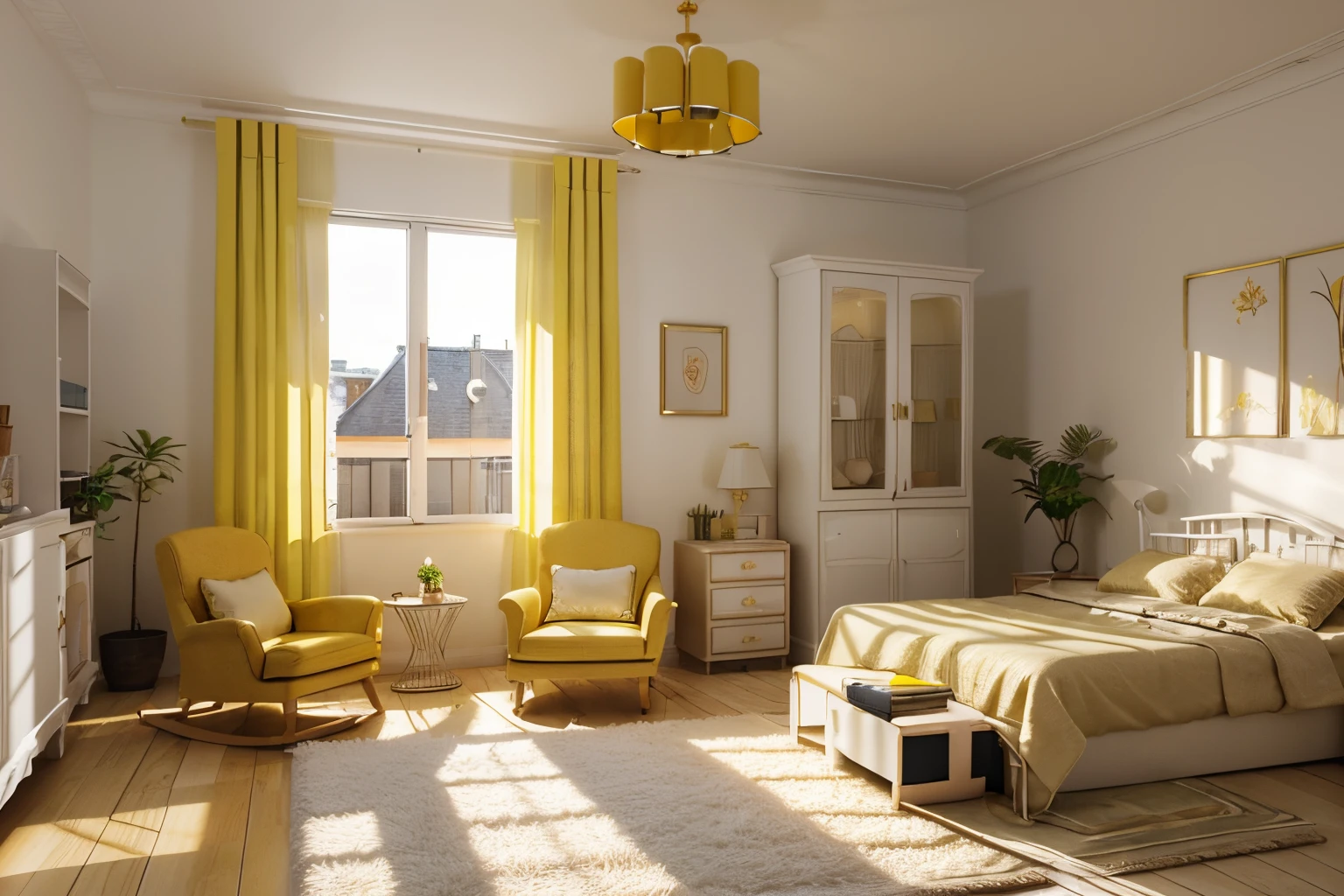 Crazy meticulous dollhouse, Comfortable bedroom, Cute 3d render, Attractive lights and shadows, White and yellow cushions, architecture, tables and chairs, Indoors, Building, bed room, Room, rug, a plant, Home décor, sofe, chair, Interior design