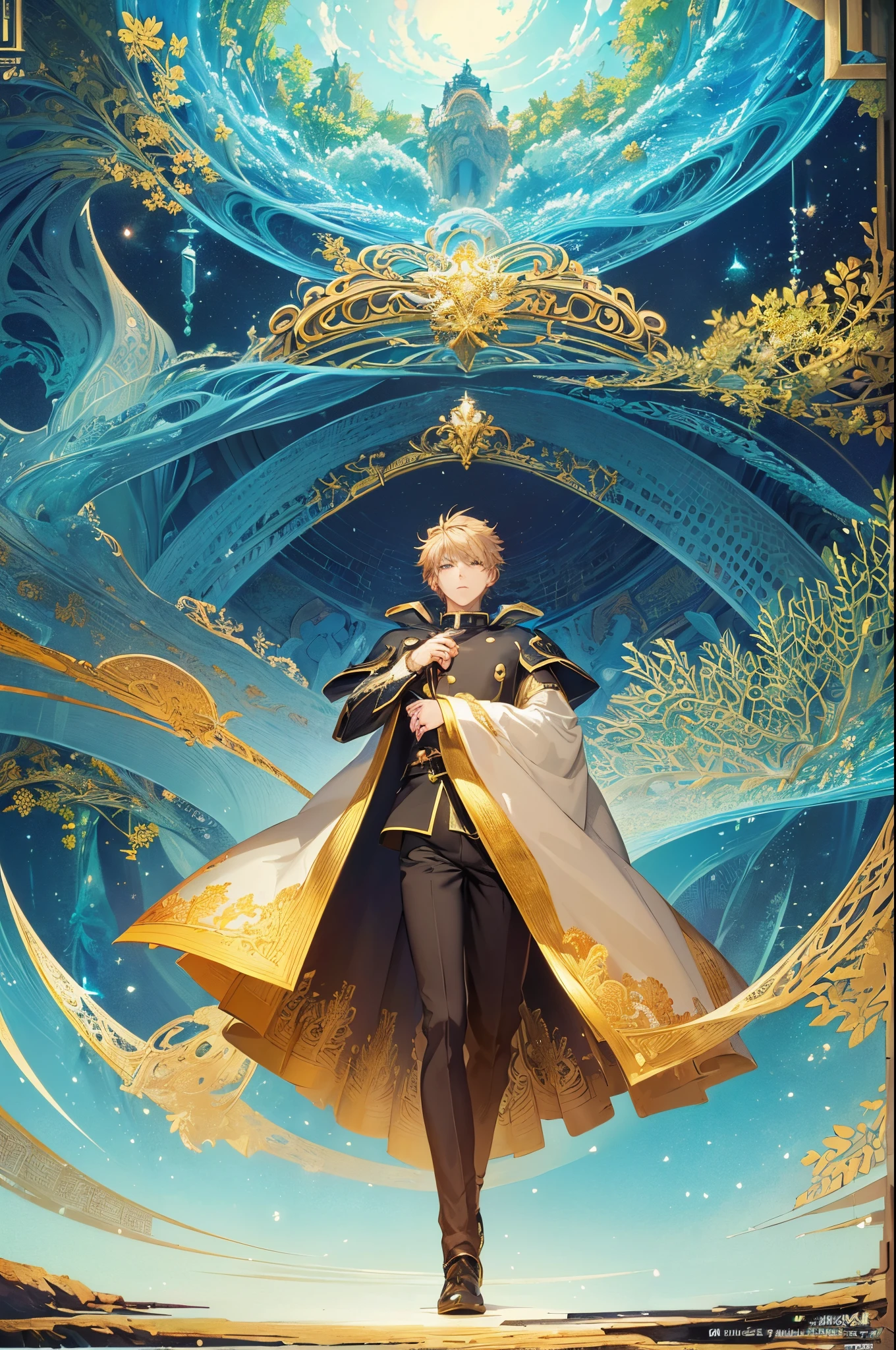 (ultra-detailliert、​masterpiece、top-quality、top-quality、anime illustrated、Official Art、Beautifully Aesthetic:1.2)、2D Bishonen、(1 boy:1.3)、(Fractal art:1.3)
