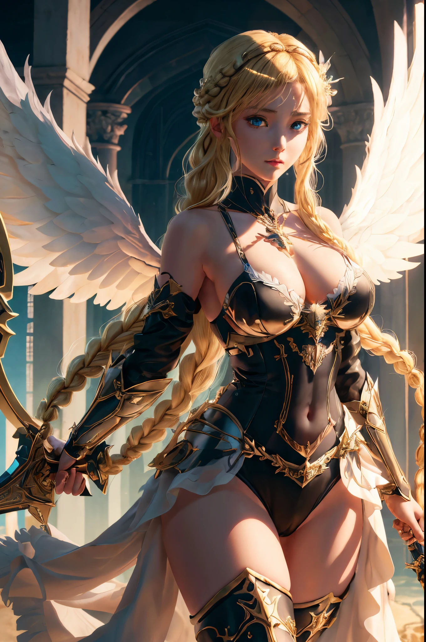 generate aselica from king's raid , best quality, masterpiece, 1girl, (solo:1.1), raytracing, ultra detailed, 8k wallpaper, multiple wings, angel wings, large breast. (blonde braided hair:1.1), looking at viewer, collarbone, cleavage, holding mythical sword and mythical shield, sky background, sexy belly, steel bra
