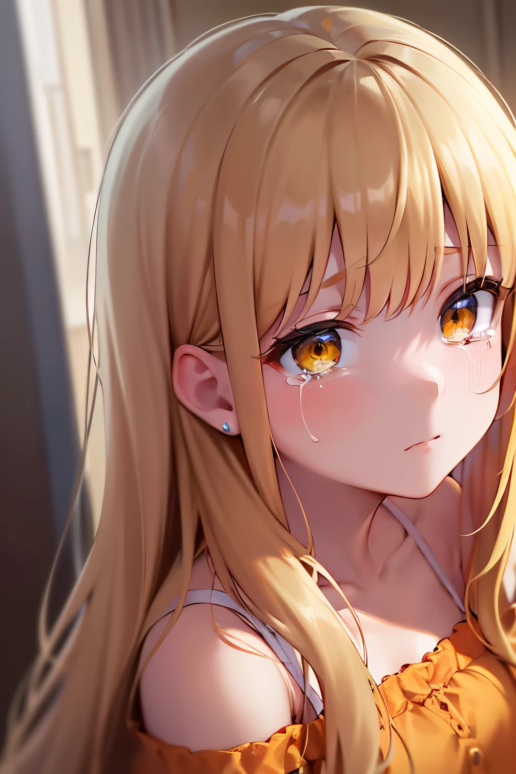 Angle from above, High angle, masterpiece、hightquality、(Blonde long hair, yellow eyes)、An 18-year-old woman、(Alone:1.5)、She is wearing an orange off-shoulder long-sleeved blouse.、(Sad and crying expression:1.1)、Close-up of the subject's face、(Only the upper body is shown.:1.3)、Bold composition、The background is a room