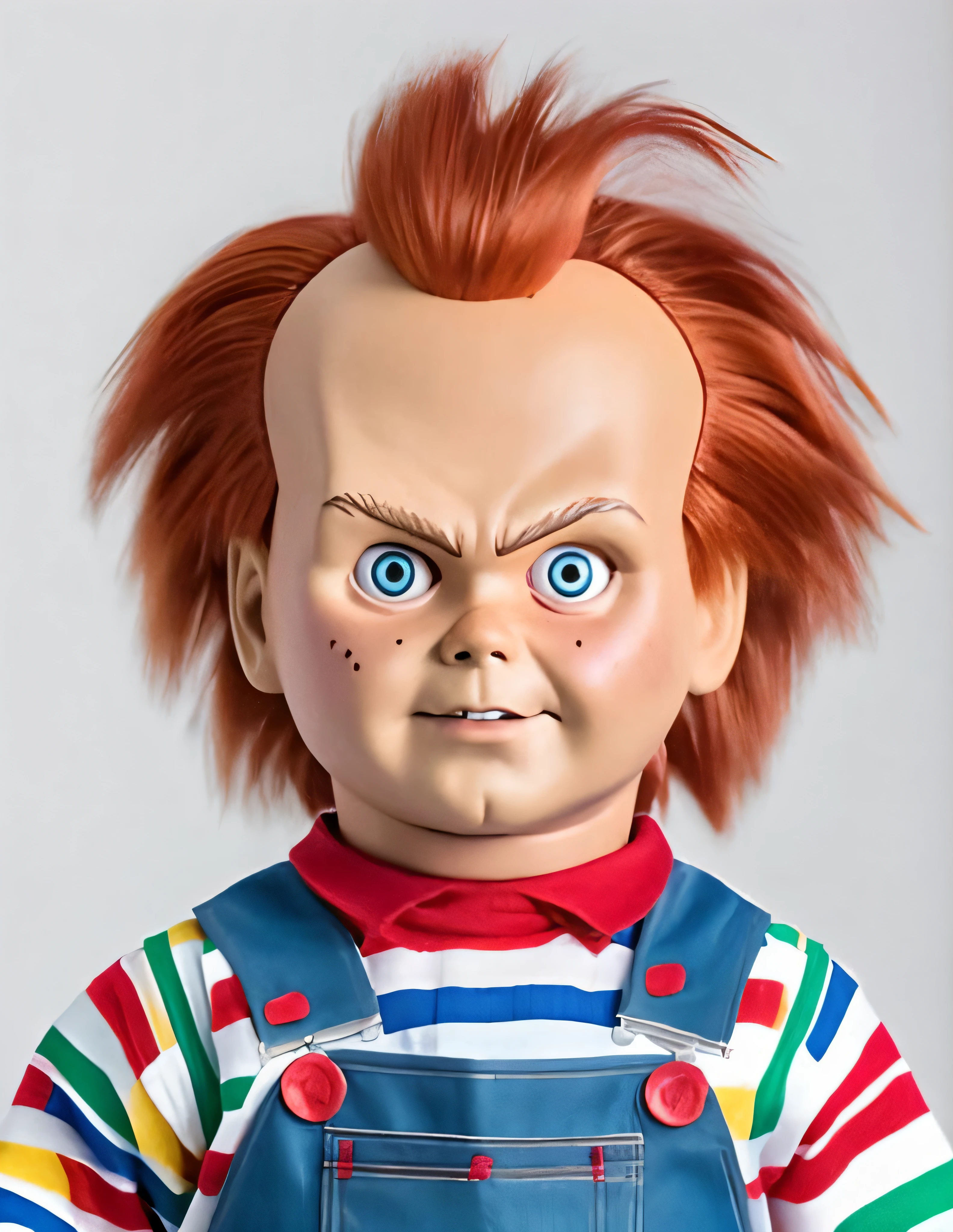 best quality, high resolution, masterpiece: 1.2), ultra-detailed, portrait, horror, [inspired by good guys], [doll], scary, horrible, [perfect appearance], life-size, doll-like Good Guys Chukey, Com denim overalls and an orange and red plaid outfit