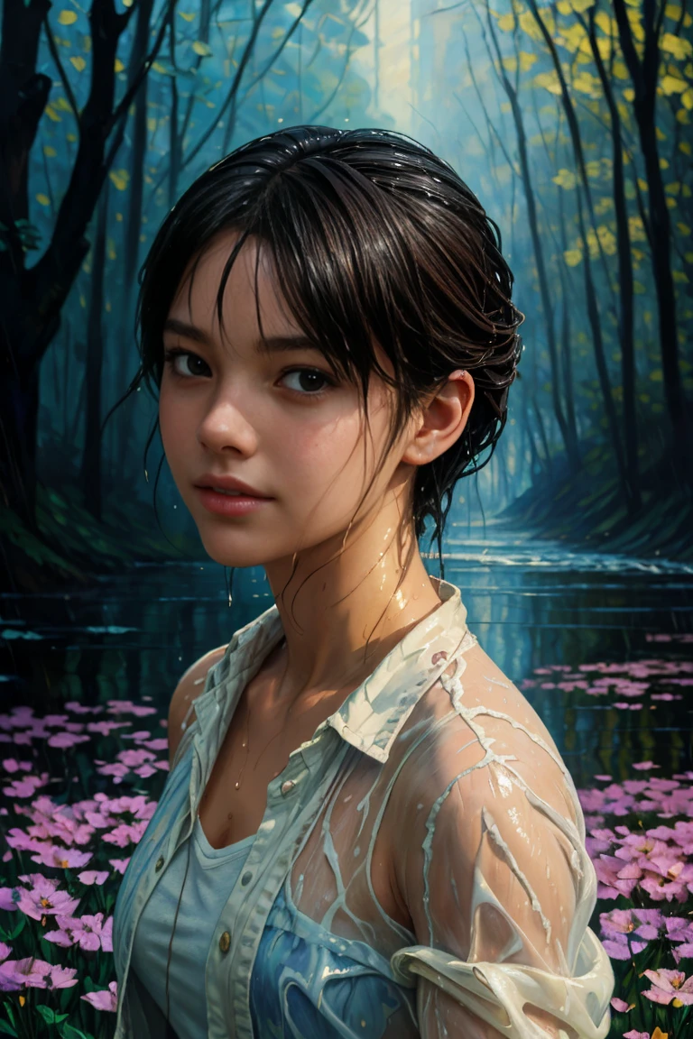 The best picture quality, masterpiece, extra high resolution, (accuracy: 1,4), photo, 1 beautiful girl, an ideal anatomy, finely Detailed and beautiful face, Field of flowers, white shirt, dancing in the rain, (ripped clothes: 1,5), (wet clothing: 1,4), bare shoulders, real rain, (wet hair:1.2), (joying), happiness, ((laughter)), Cinematic, tear, dreamlike lighting, water cascading, golden ratio, fake detail, trending, acrylic palette knife, style of makoto shinkai studio,greg rutkowski award - winning photograph, masterpiece, oil on canvas, ((oil painting)), ((visible strokes)), ((Impressionist painting)), raphael, caravaggio, greg rutkowski, beeple, beksinski
